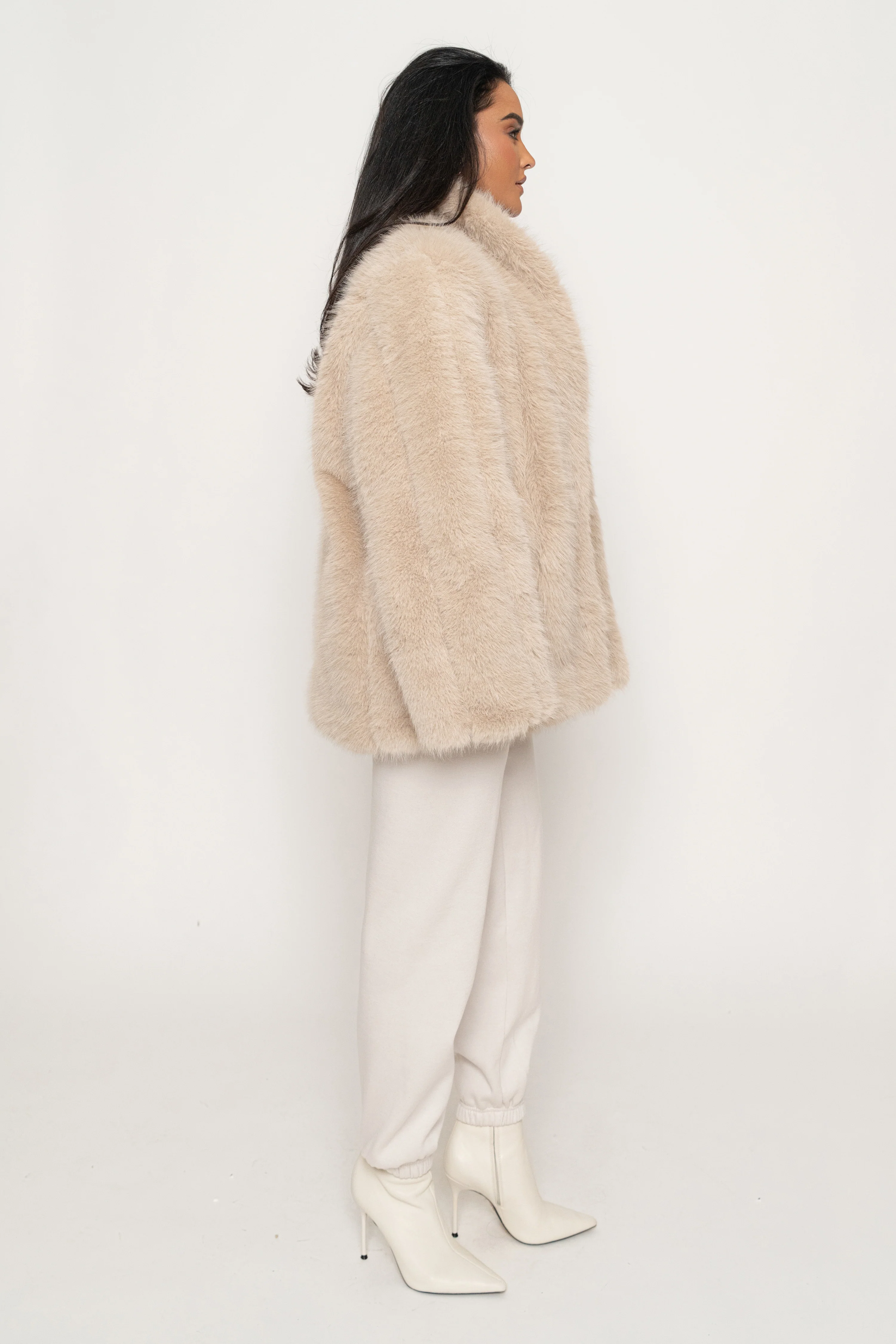 Beige Cropped Manhattan Faux Fur Coat - Image 14