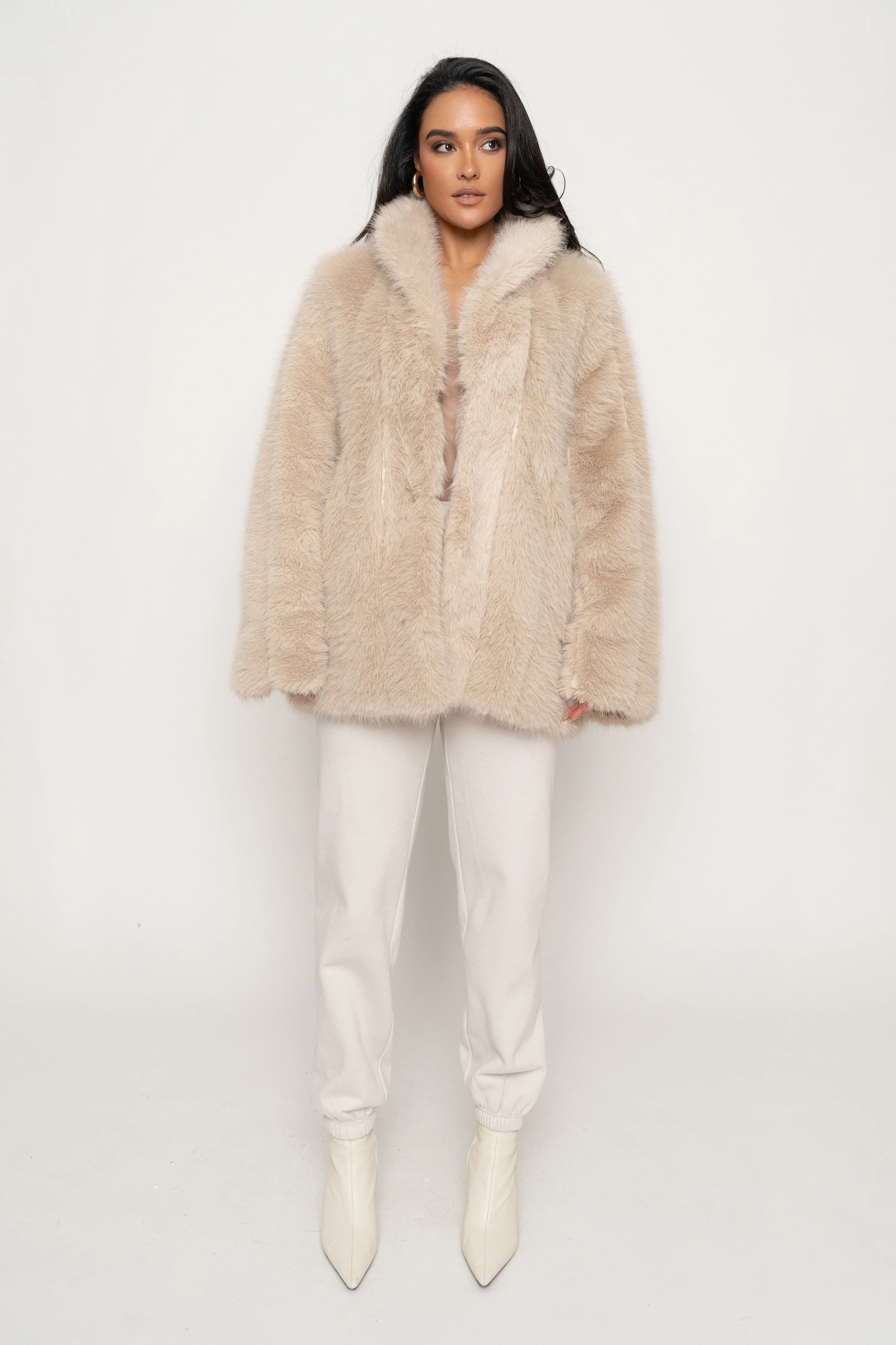 Beige Cropped Manhattan Faux Fur Coat - Image 5