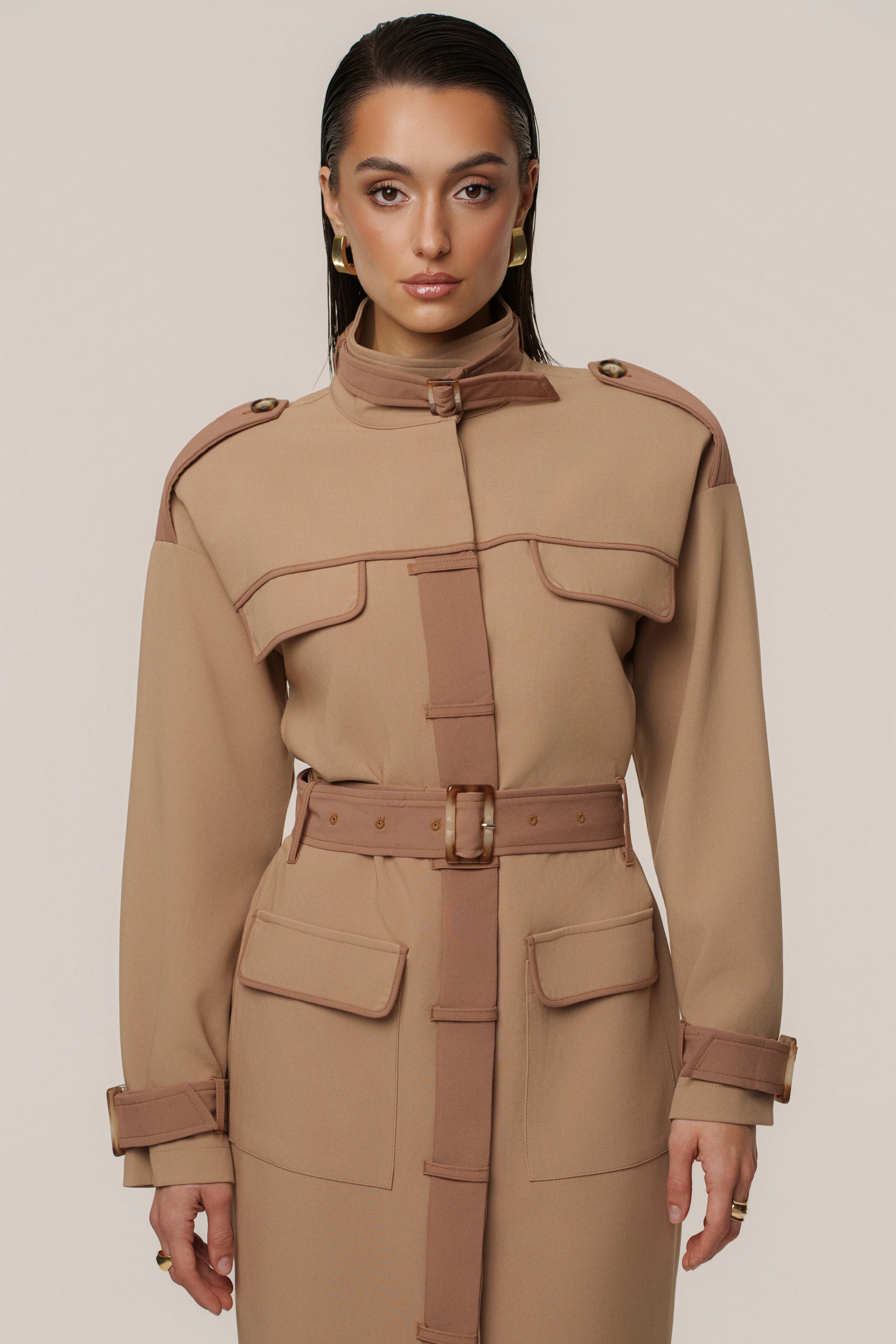 Beige Icon Belted Midi Dress - Image 11