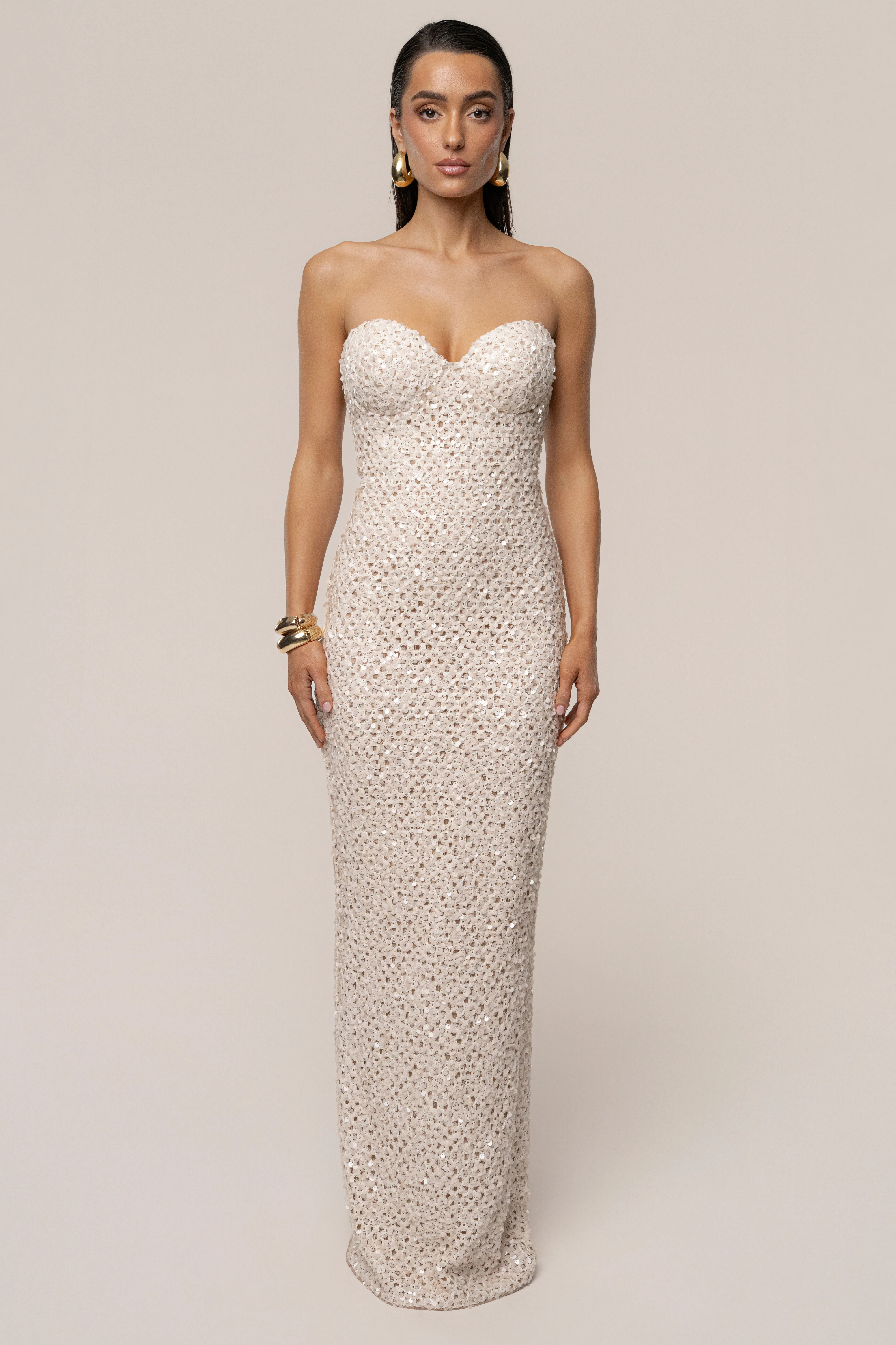 Beige Jewel Opulence Sequin Dress - Image 3