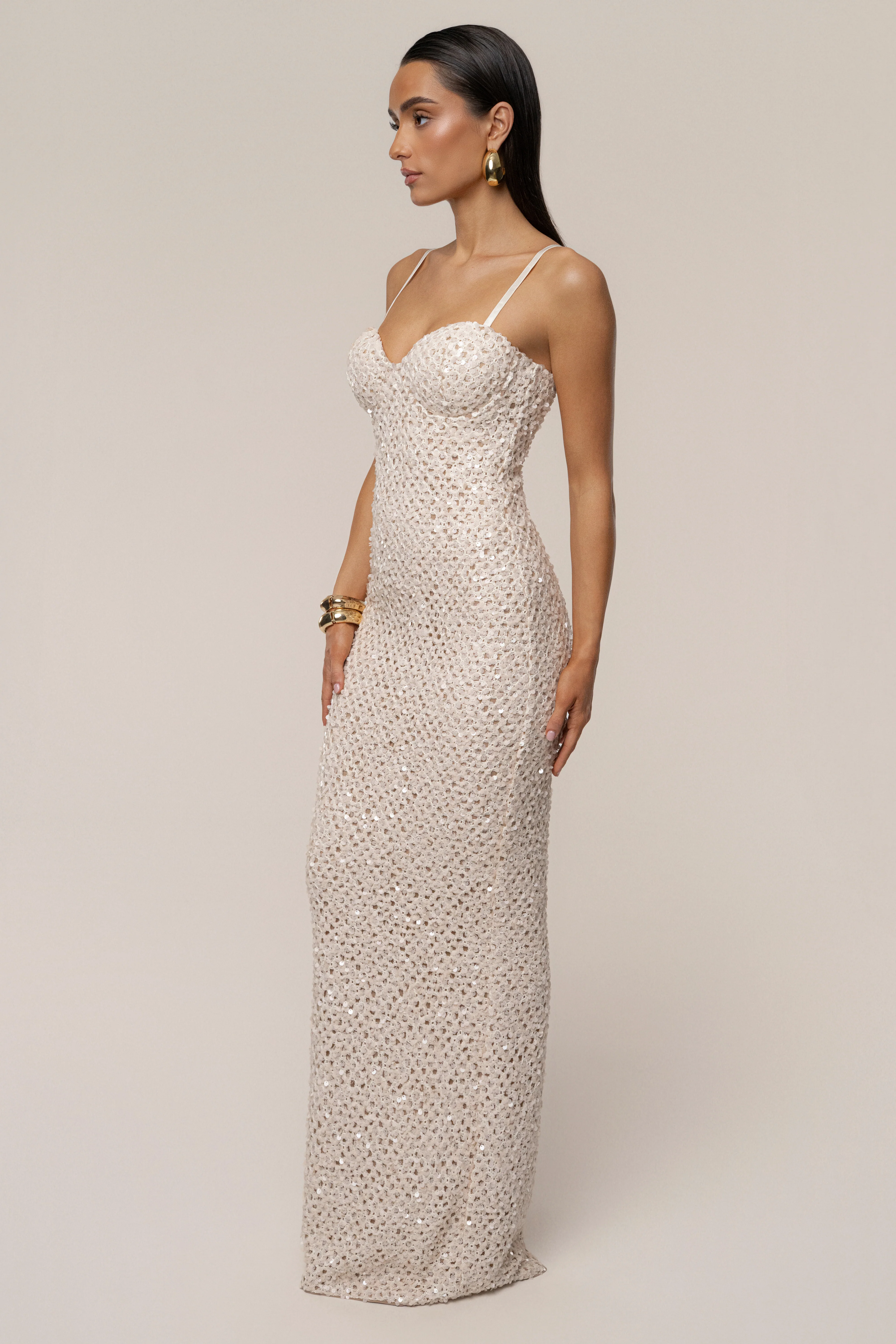 Beige Jewel Opulence Sequin Dress - Image 8