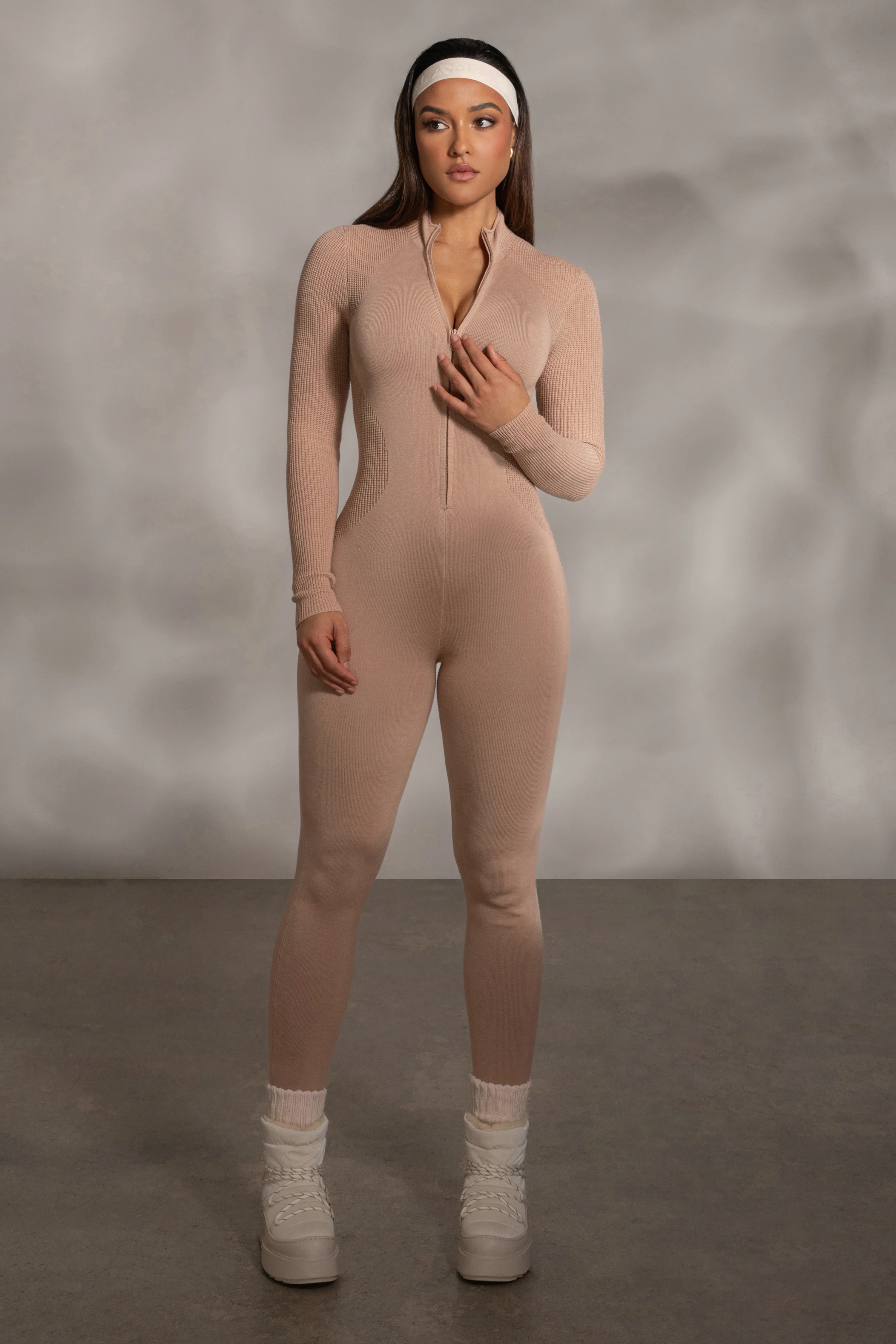 Beige Kris Front Zipper Jumpsuit - Image 3