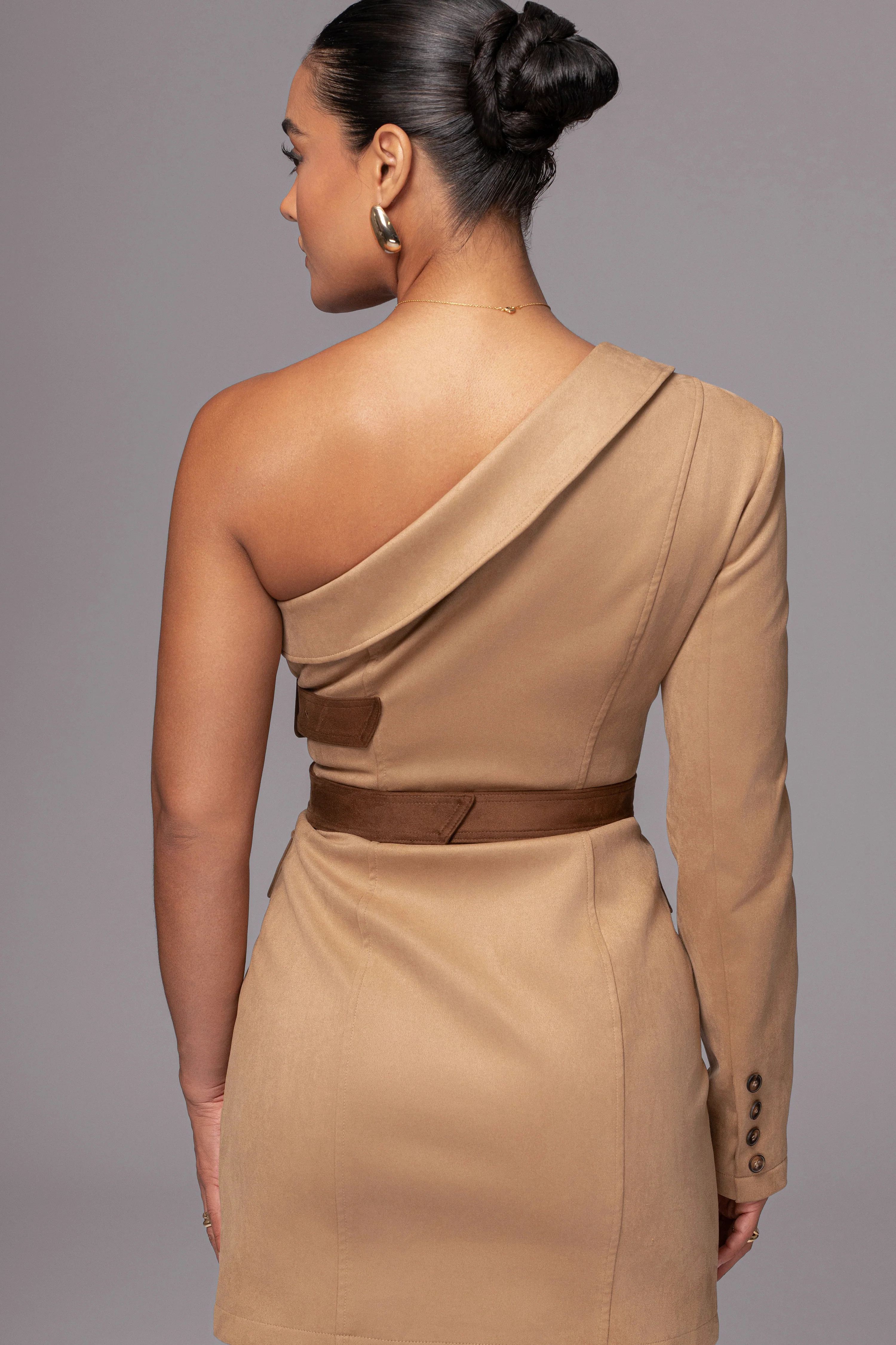 Beige One Shoulder Suede Blazer Dress - Image 11