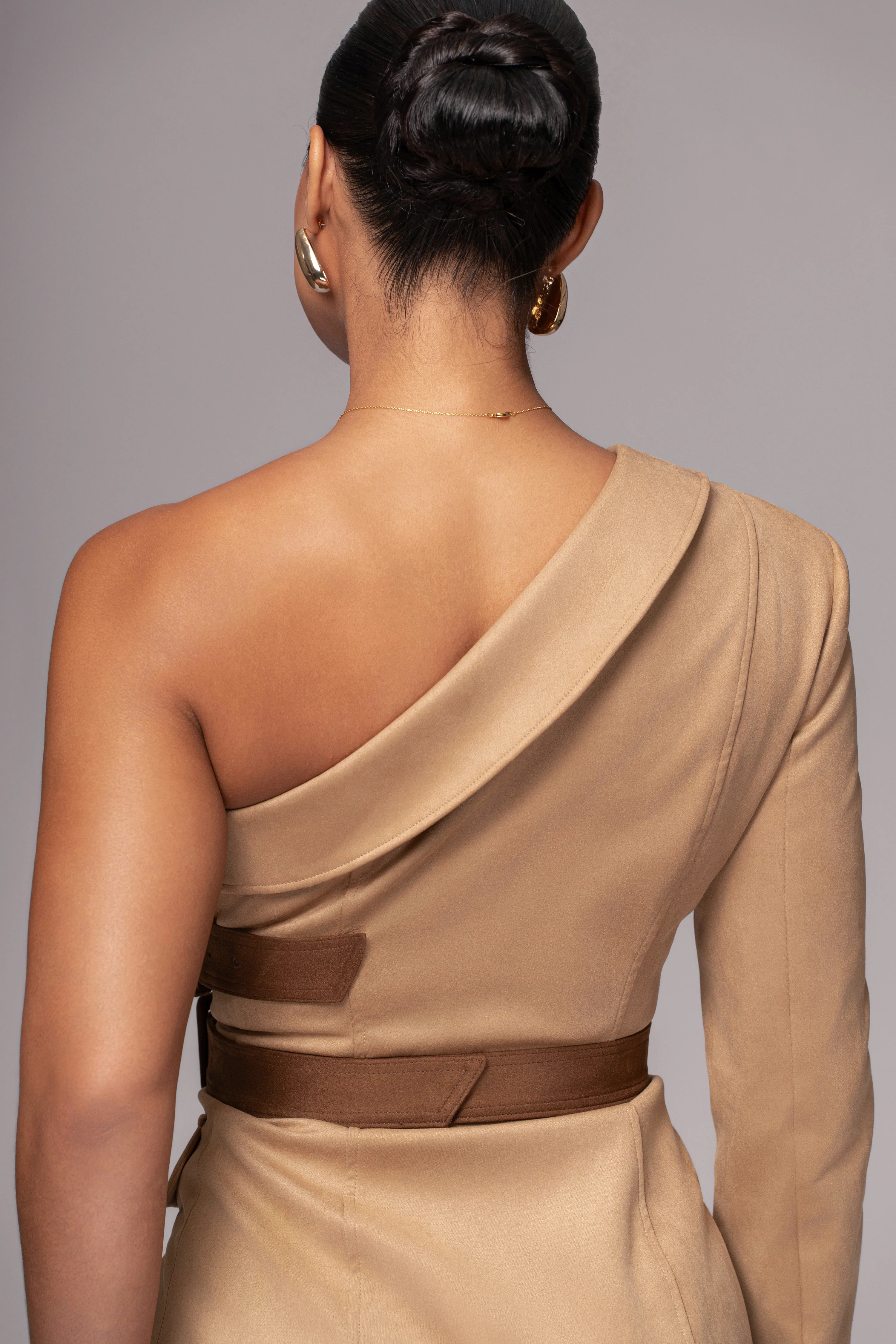 Beige One Shoulder Suede Blazer Dress - Image 13