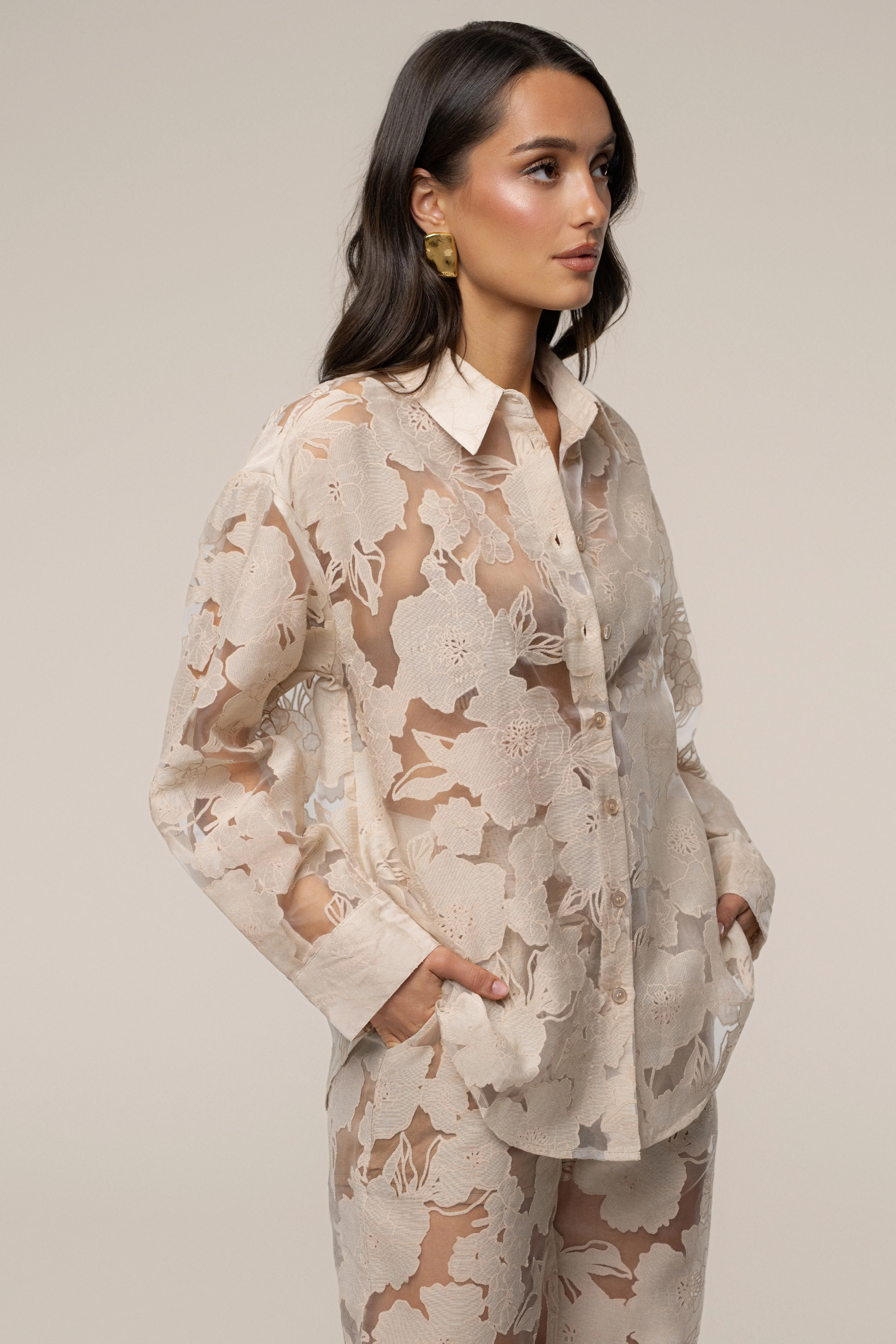 PRE-ORDER Beige Organza Floral Blouse - Image 6