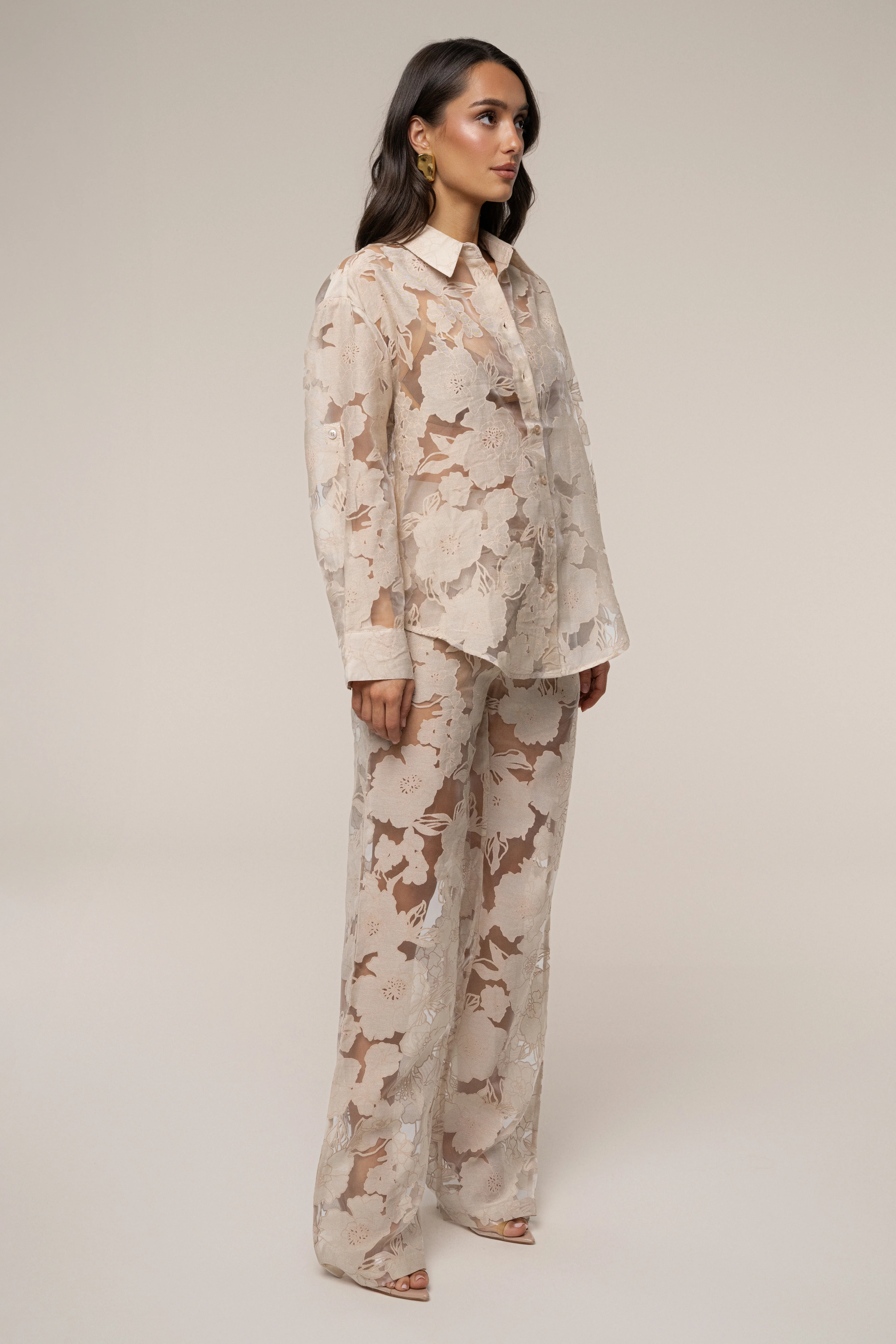 PRE-ORDER Beige Organza Floral Pant - Image 4