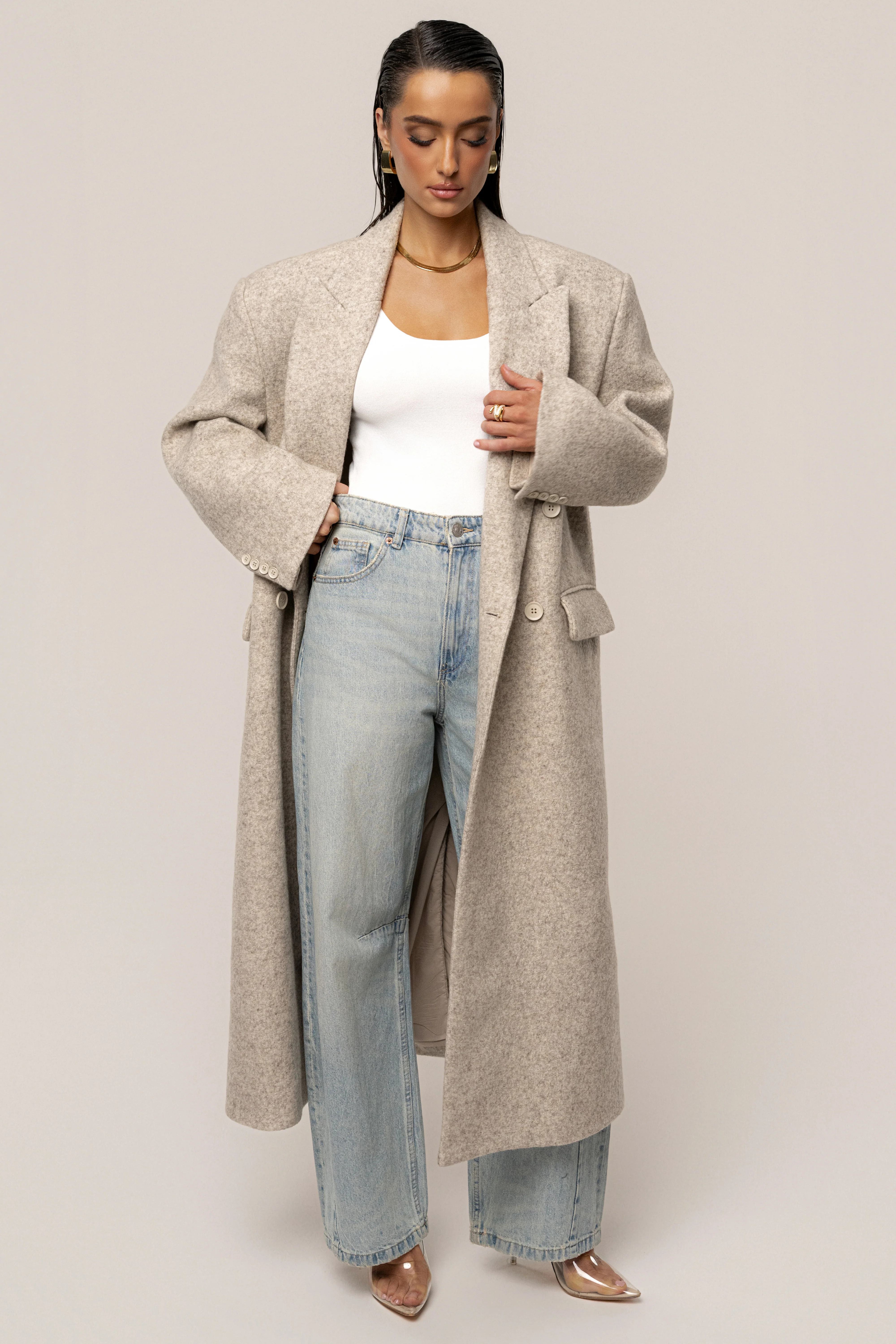 Beige Oversize Double Breasted Coat - Image 4