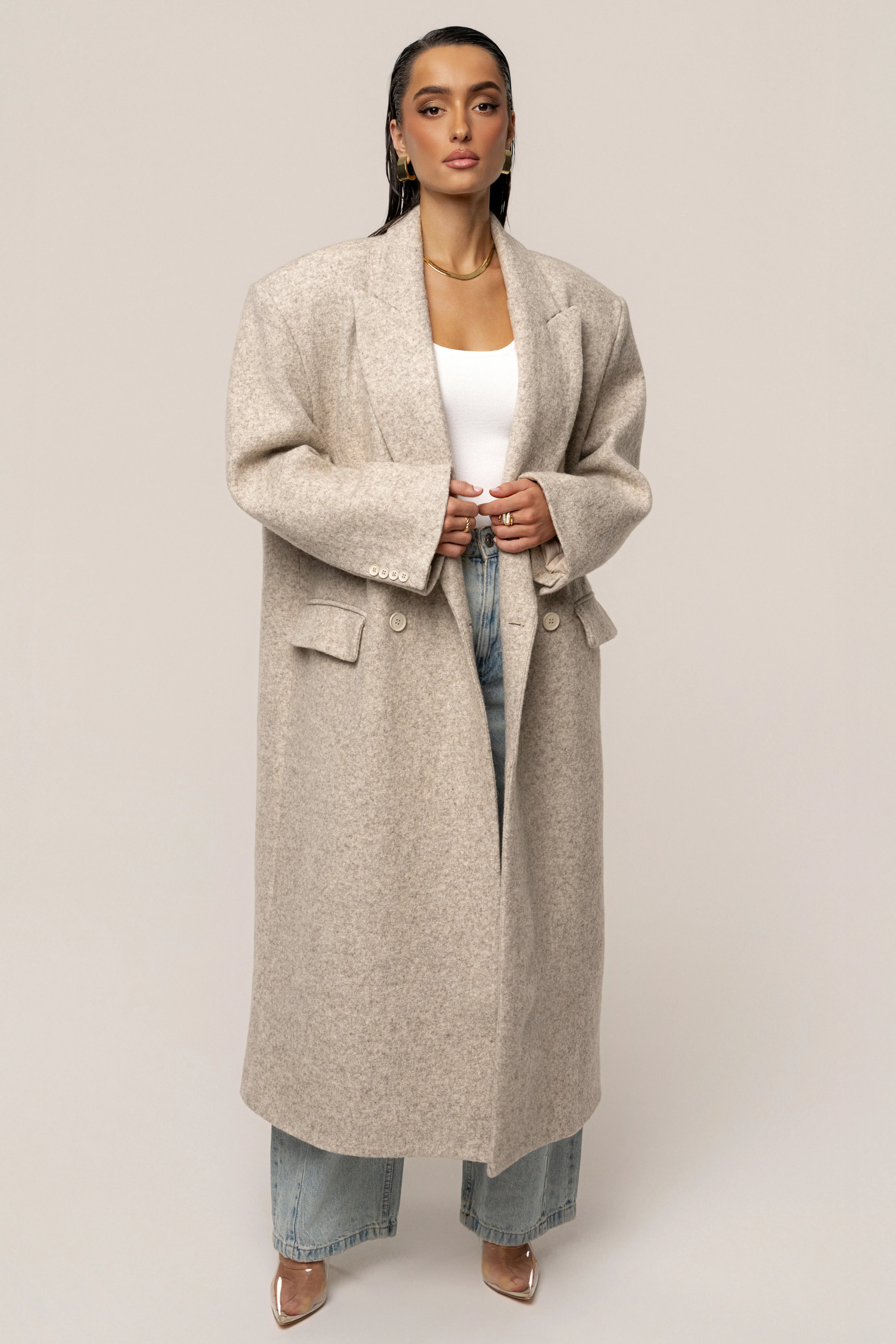 Beige Oversize Double Breasted Coat - Image 9