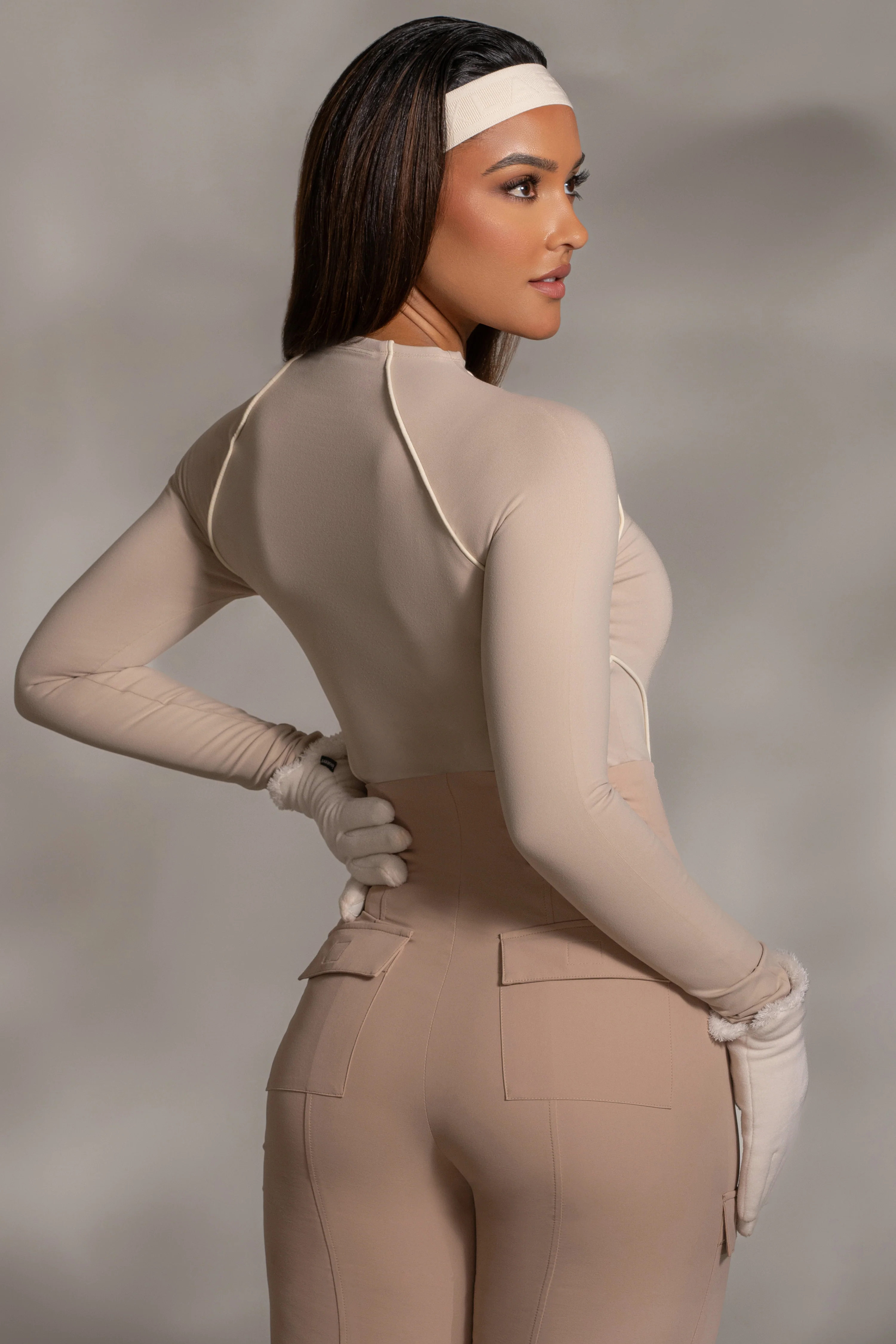 Beige Rise Up Zip Front Bodysuit - Image 10