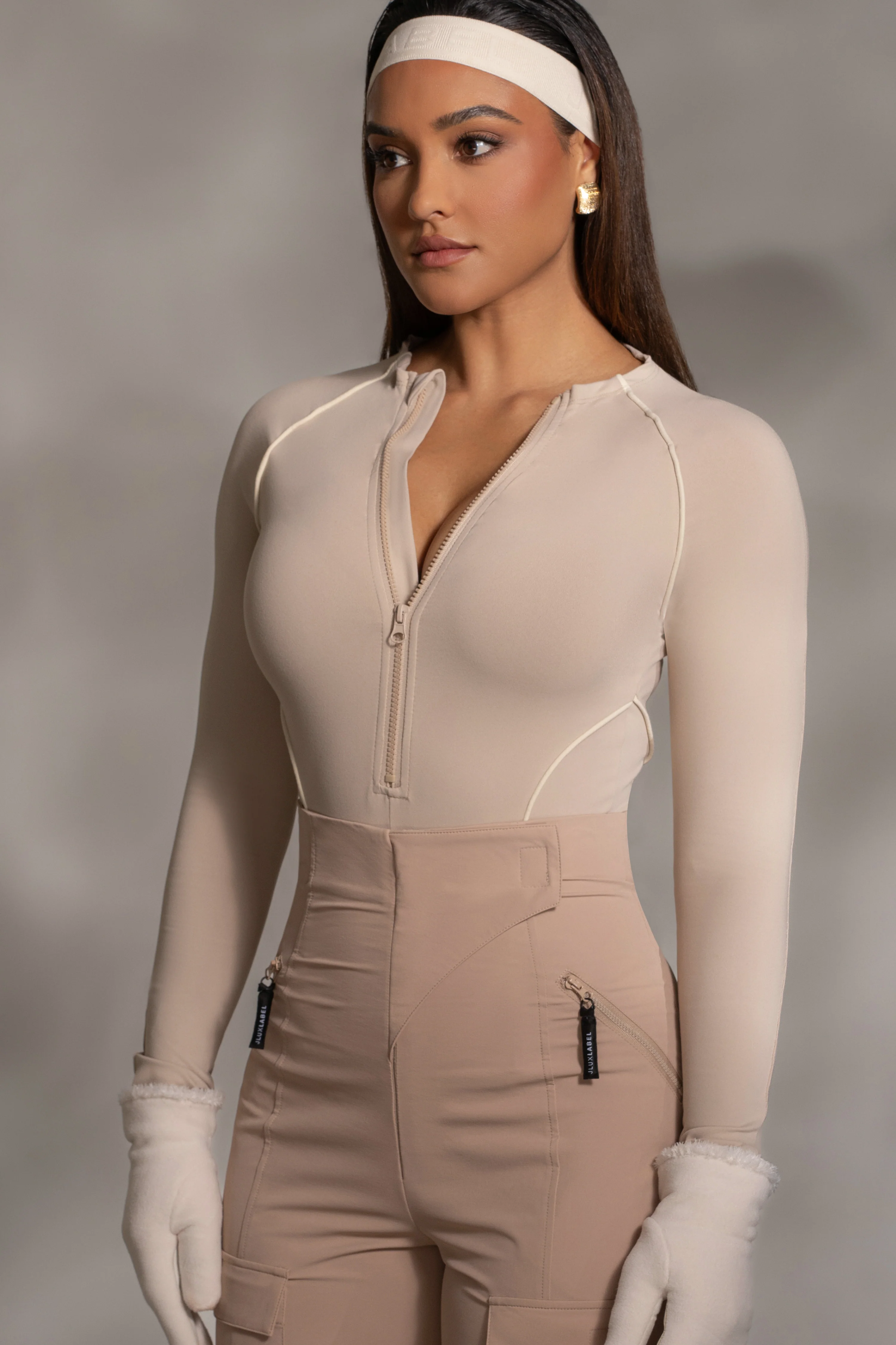 Beige Rise Up Zip Front Bodysuit - Image 3