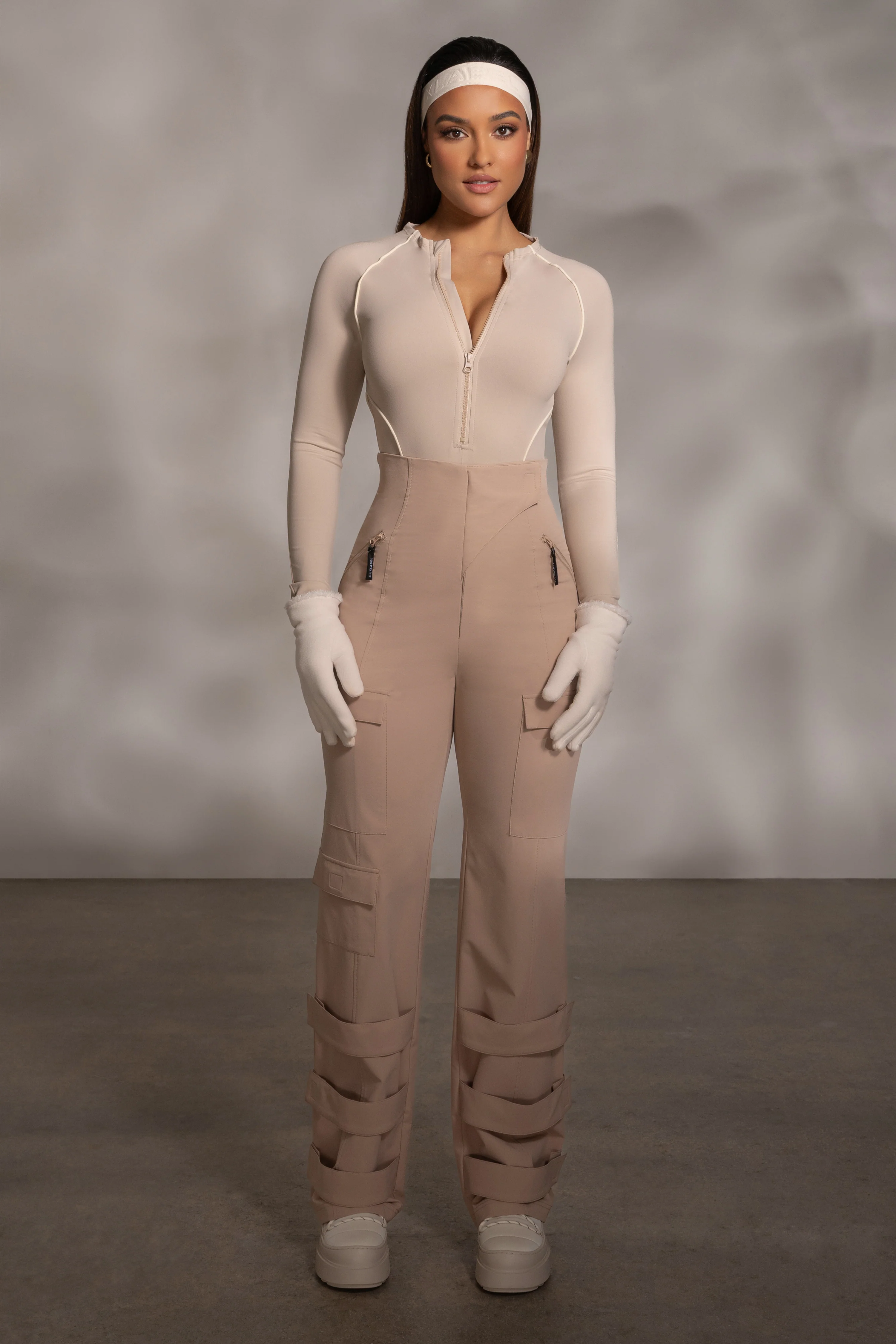 Beige Rise Up Zip Front Bodysuit - Image 4