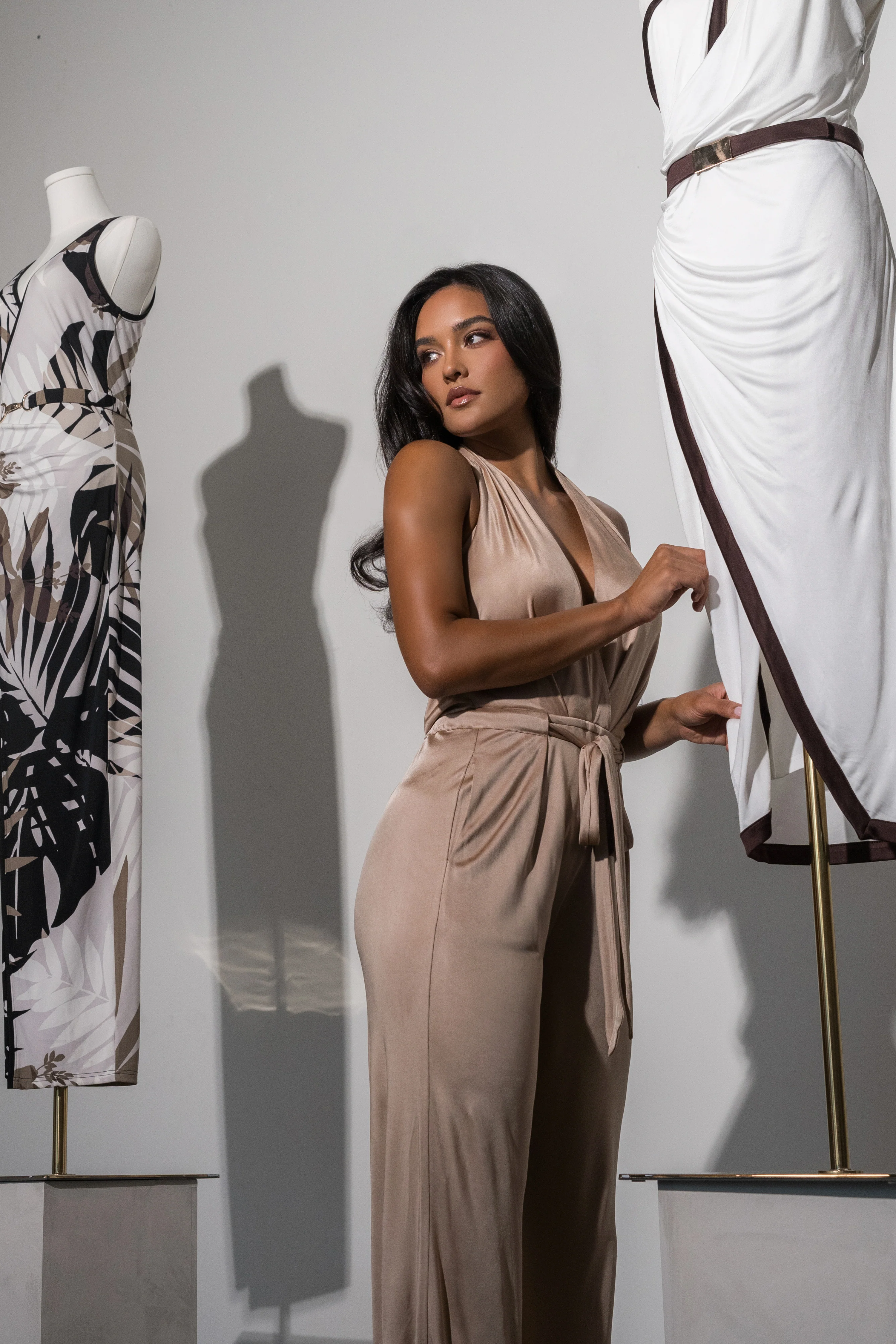 Beige Slinky Halter Belted Jumpsuit - Image 14