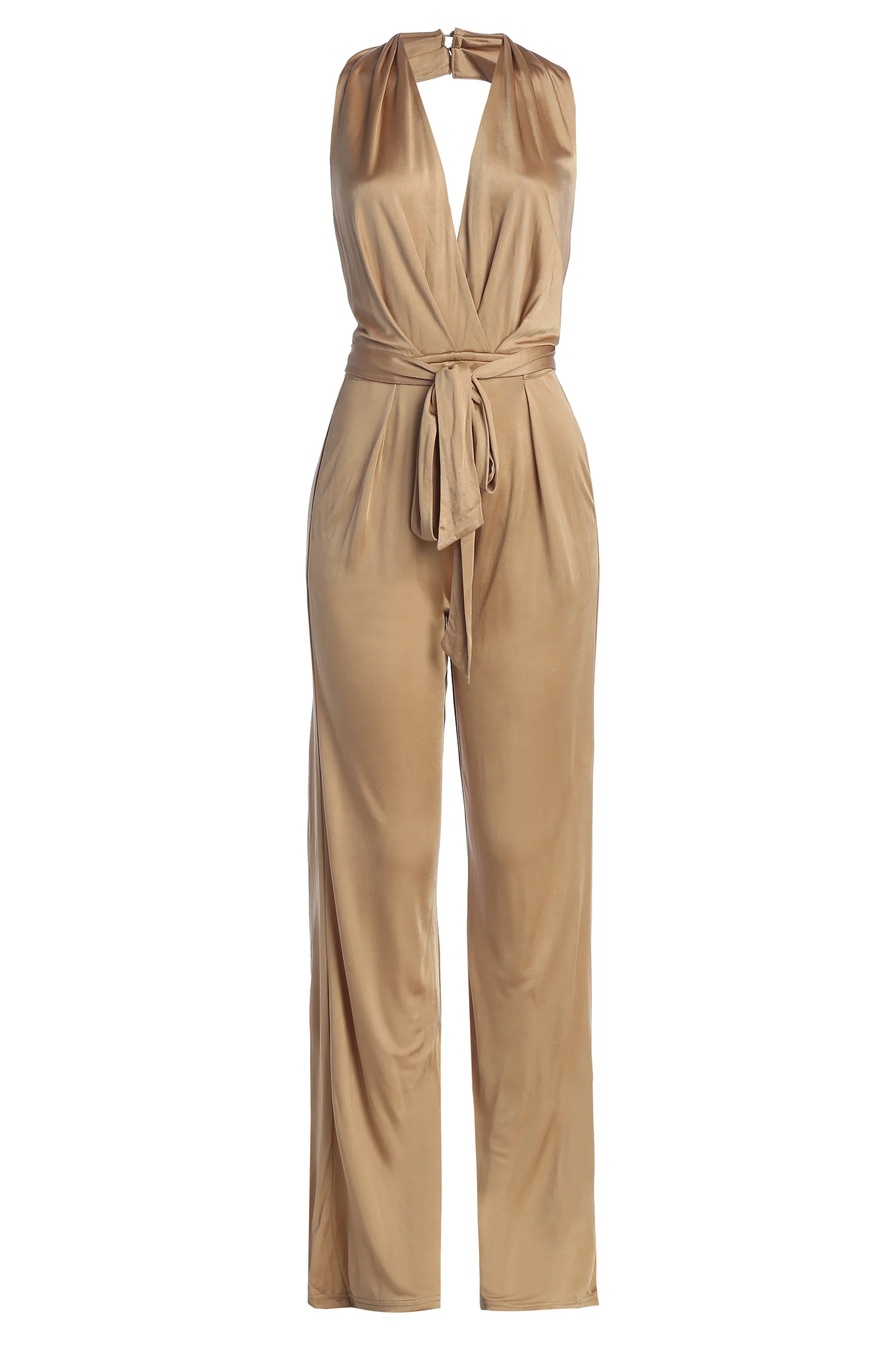 Beige Slinky Halter Belted Jumpsuit - Image 6