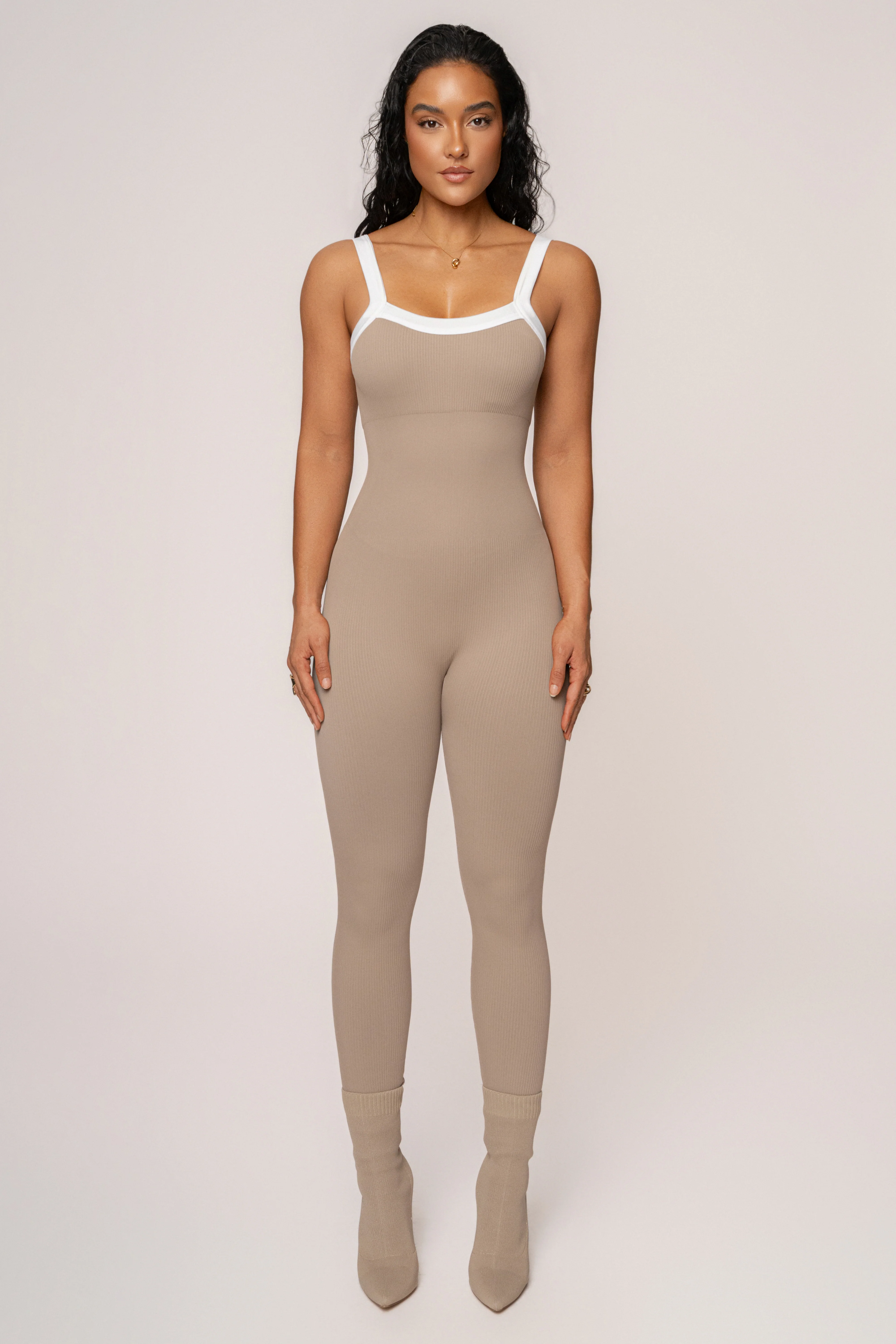Beige/White Core Ribbed Jumpsuit - Image 2