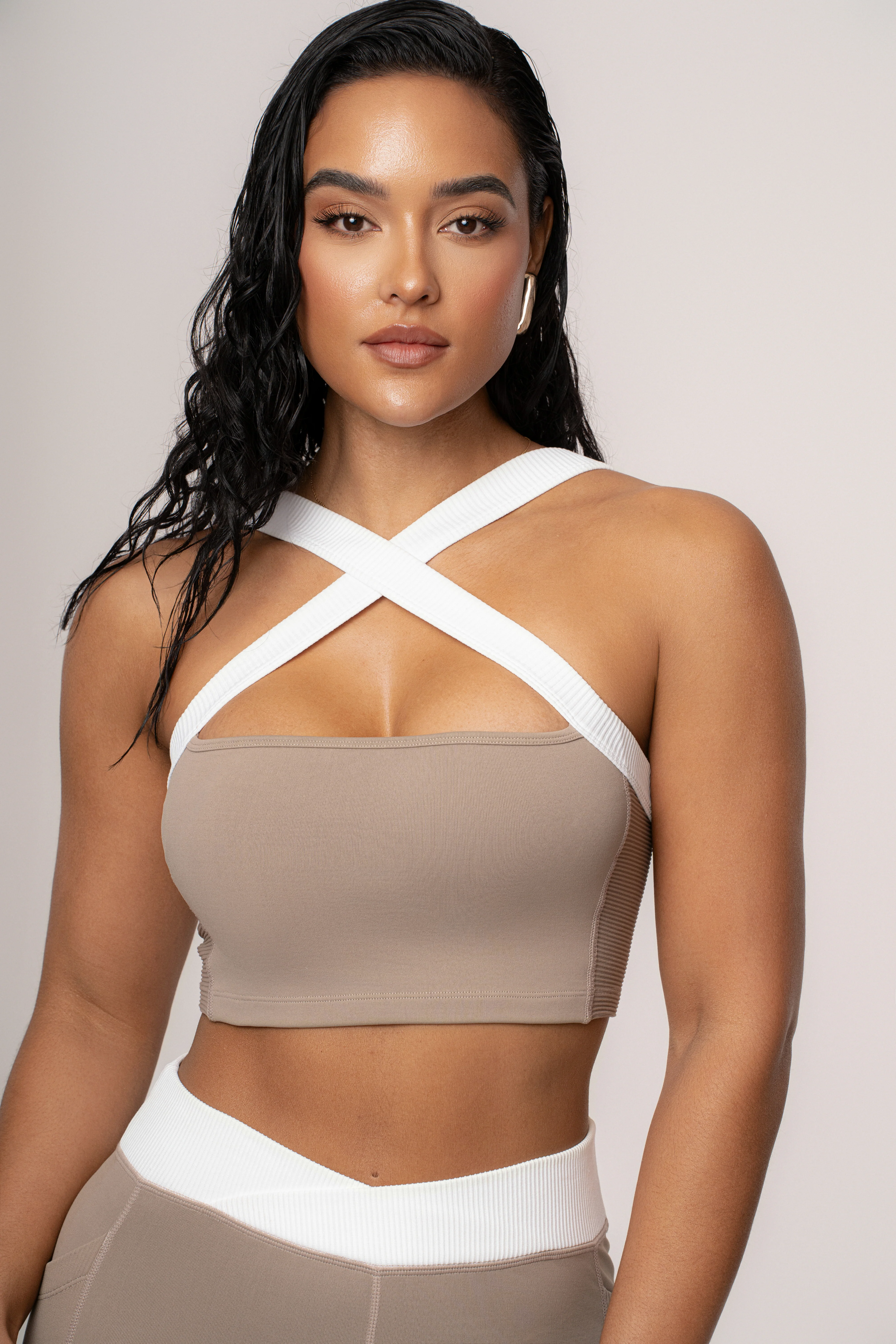 Beige/White Ultimate Ribbed Halter Top - Image 2