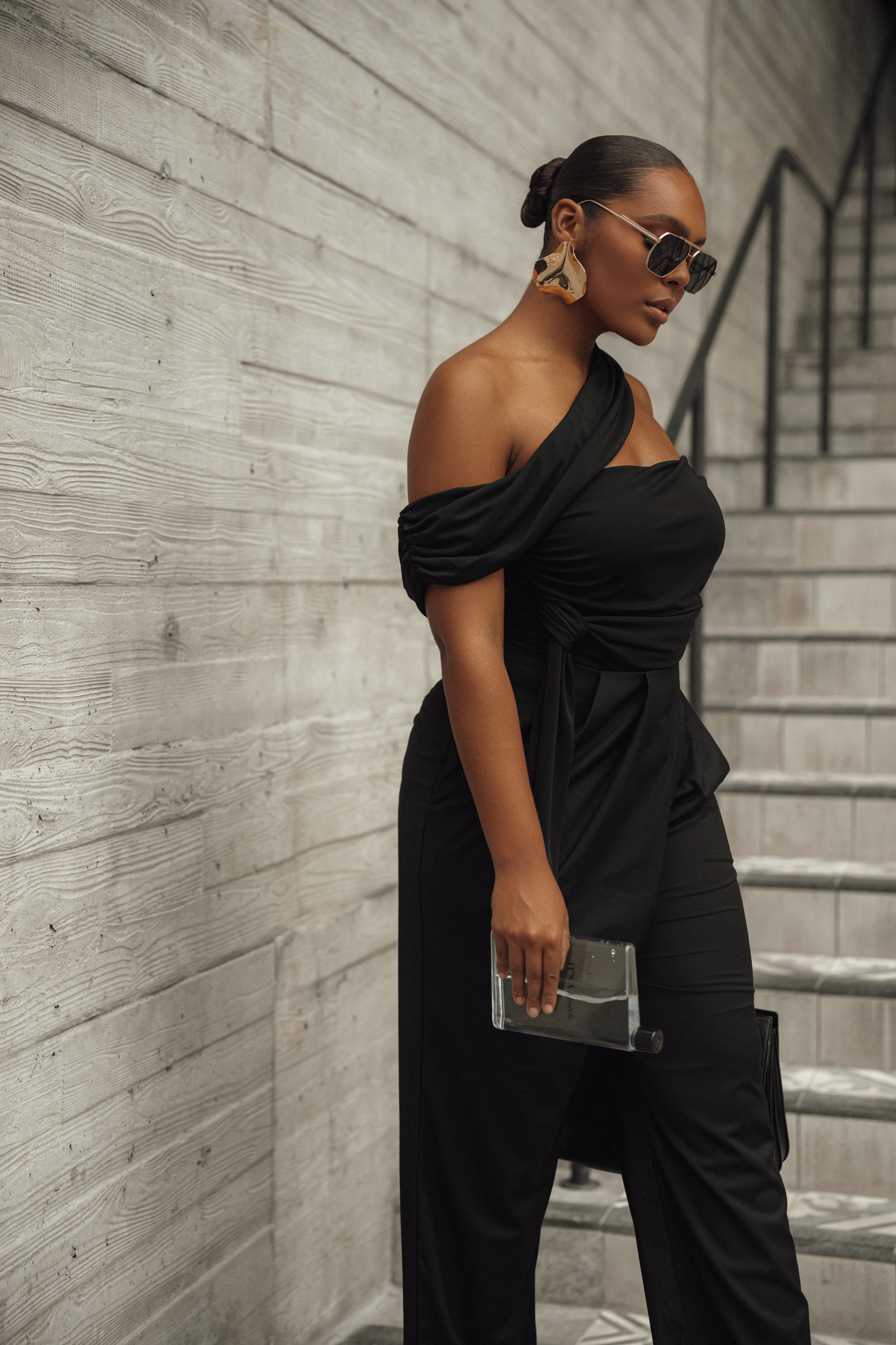 Black Asymmetrical Draped Trousers - Image 12