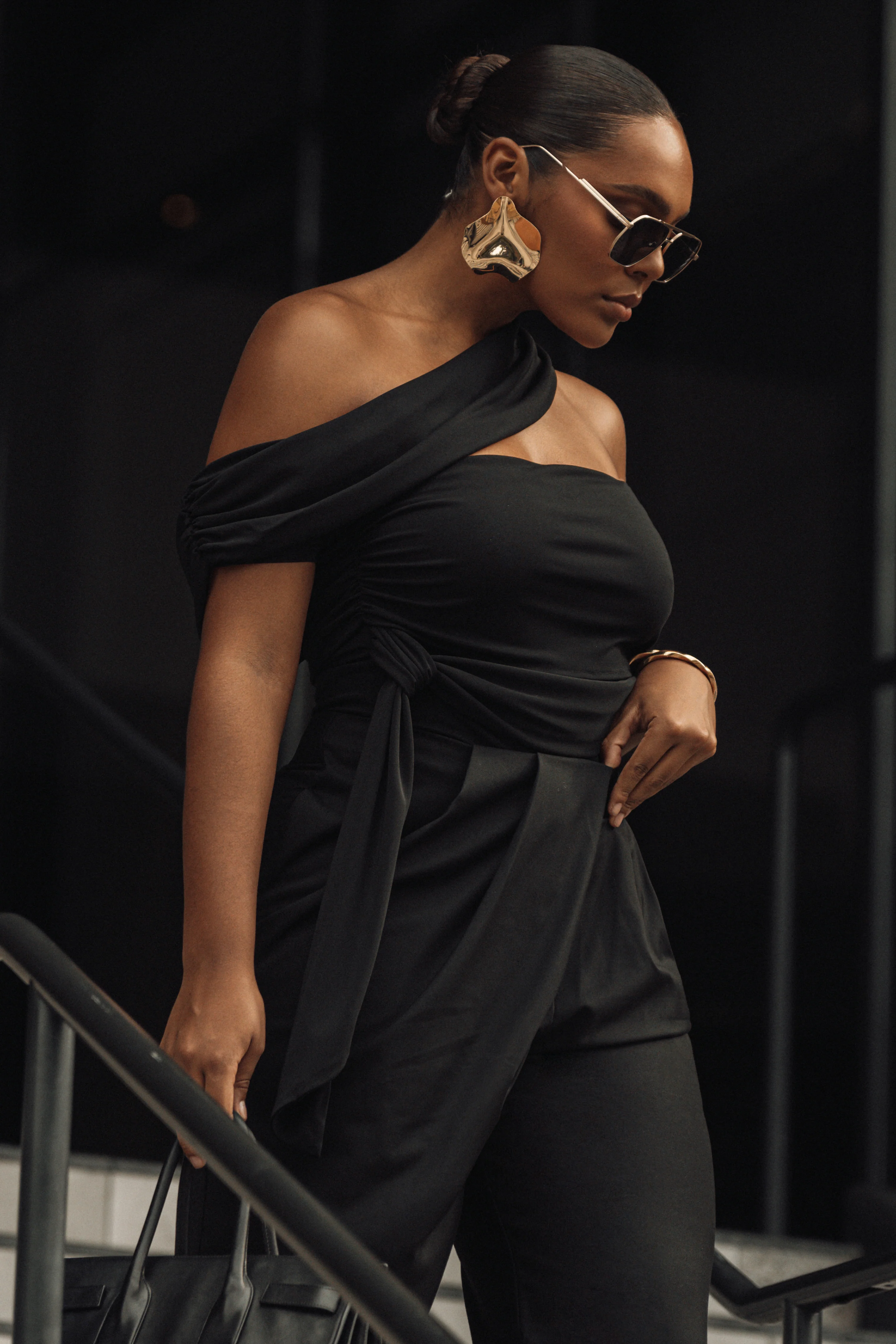 Black Asymmetrical Draped Trousers - Image 13