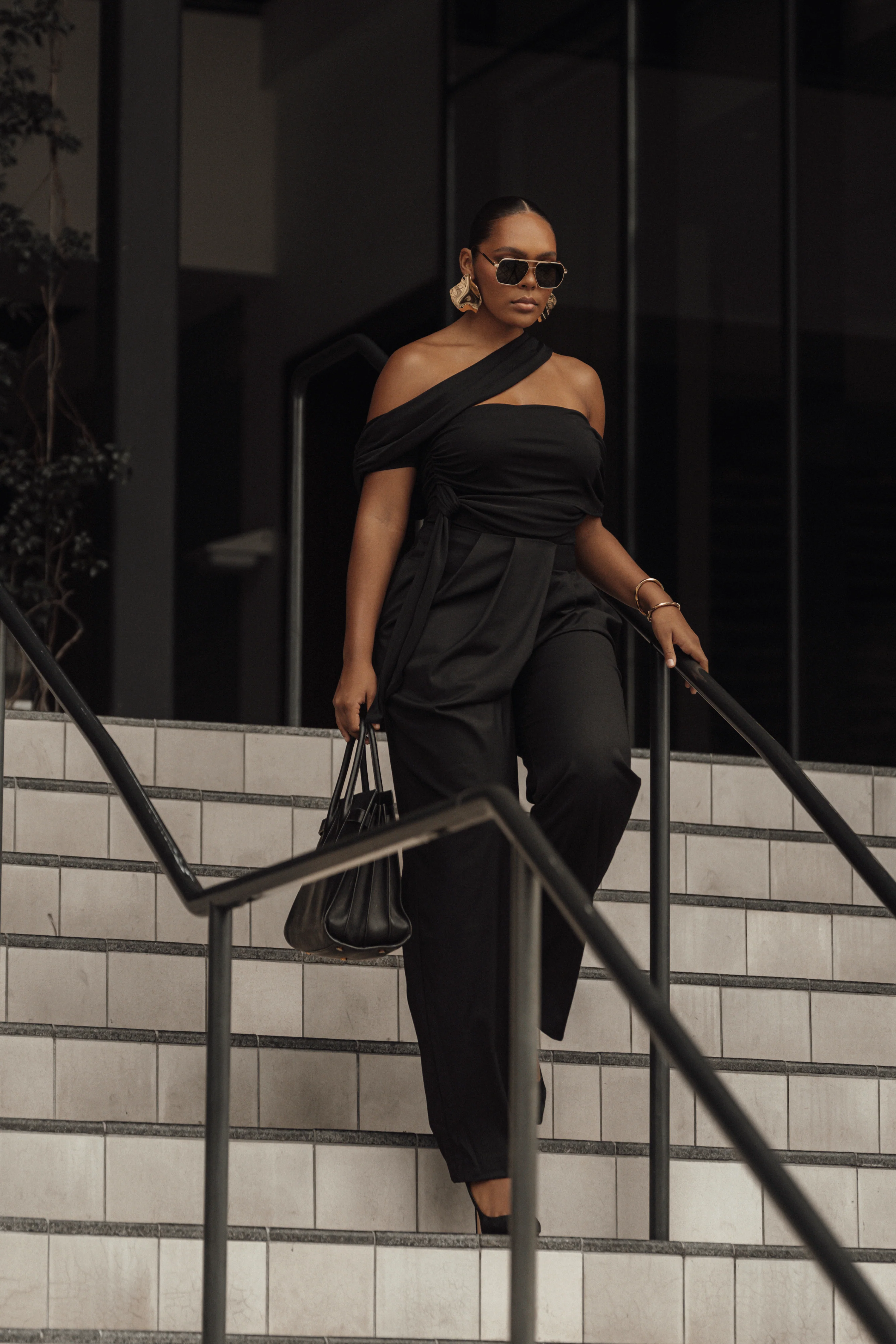 Black Asymmetrical Draped Trousers - Image 5