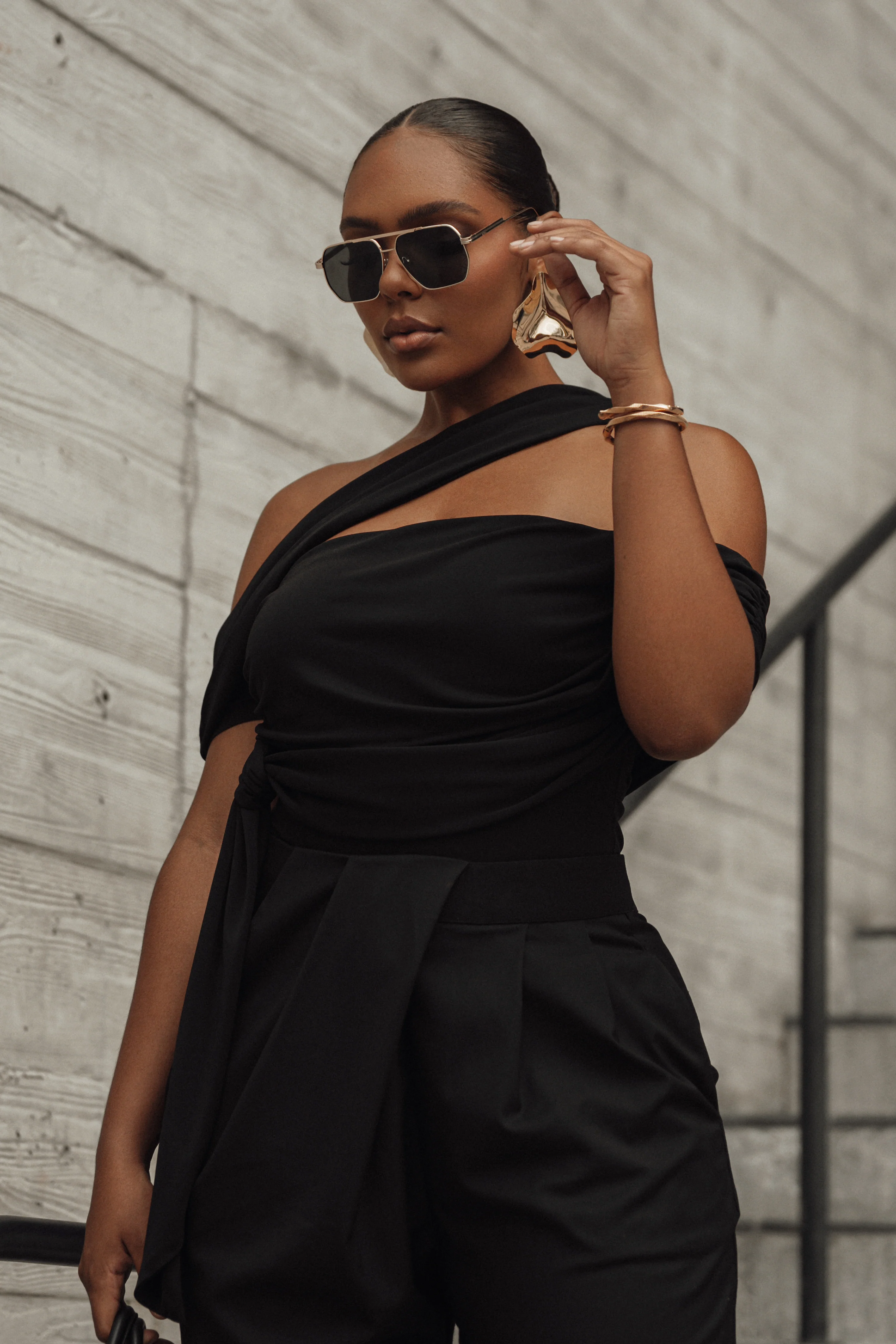 Black Asymmetrical Draped Trousers - Image 9