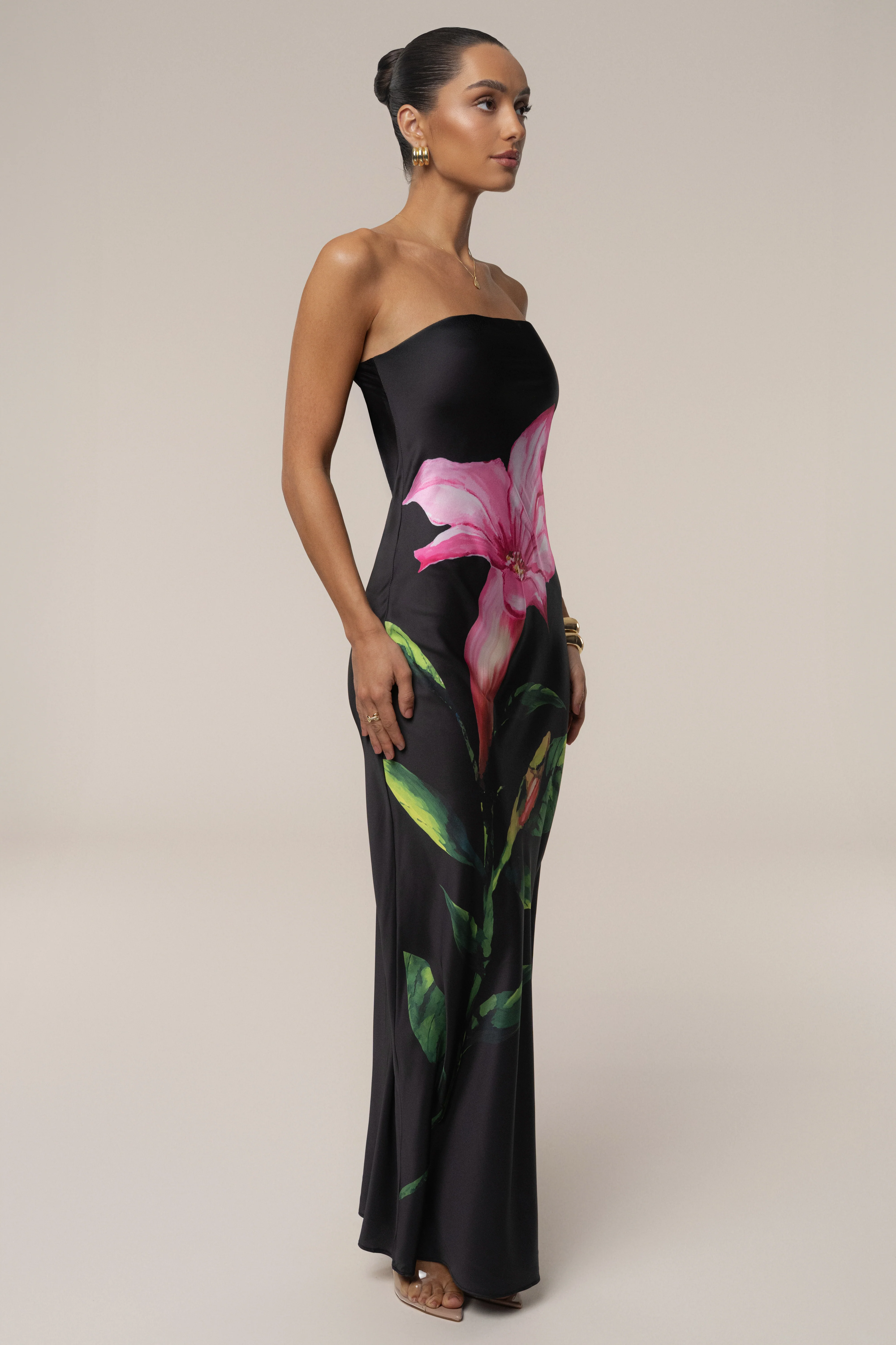 Black Blossom Satin Maxi Dress - Image 3
