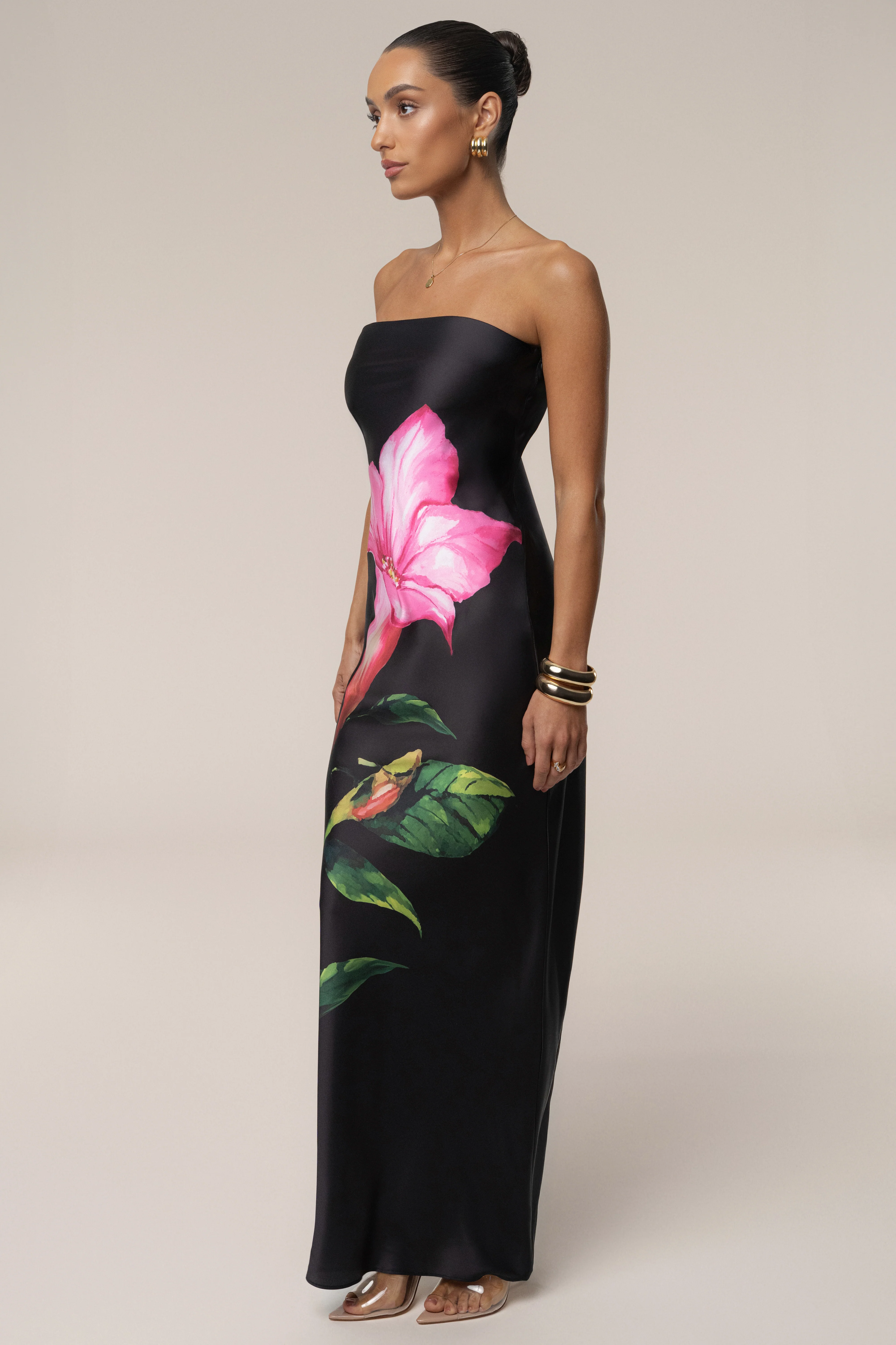 Black Blossom Satin Maxi Dress - Image 4
