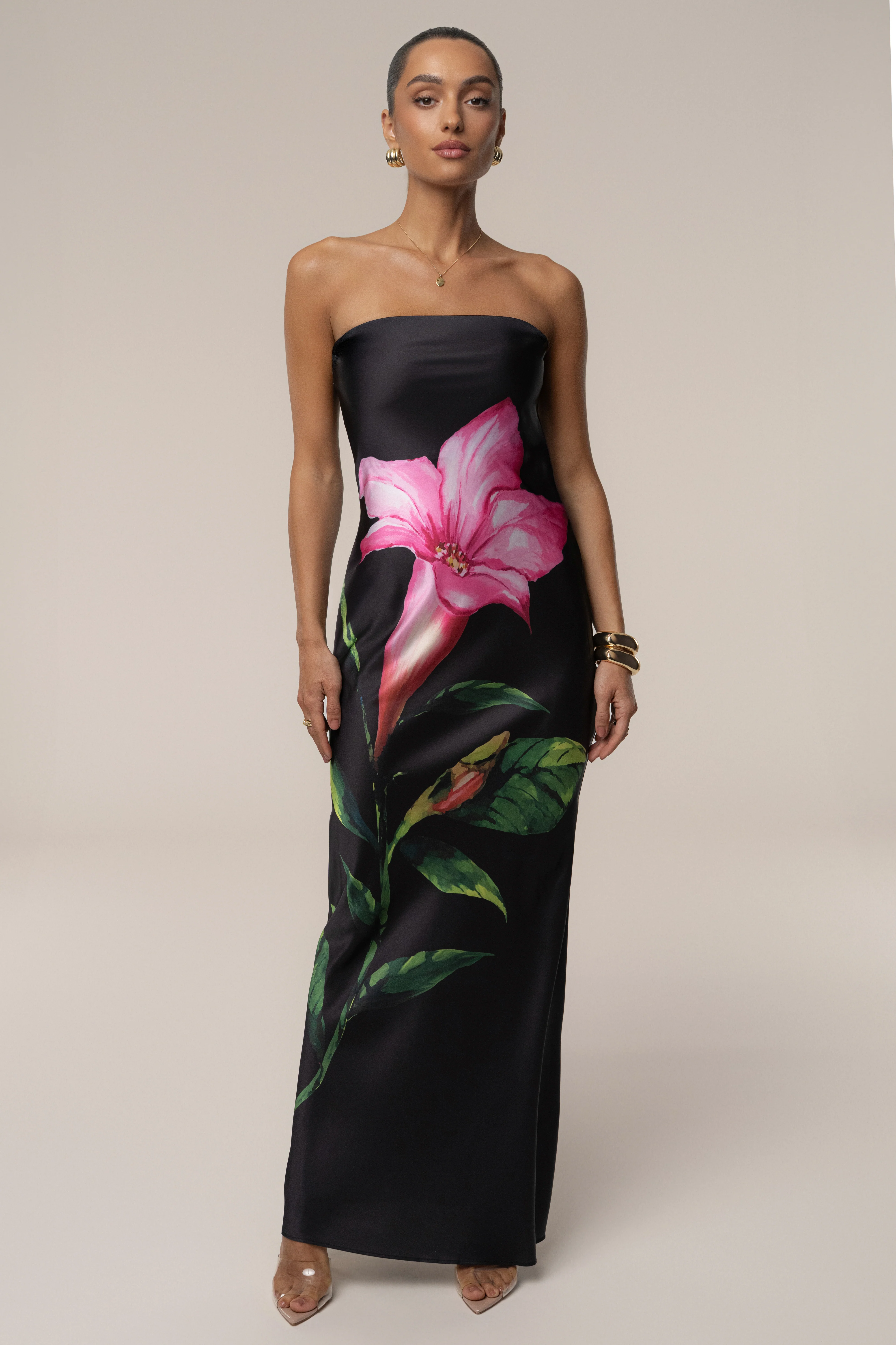 Black Blossom Satin Maxi Dress - Image 5
