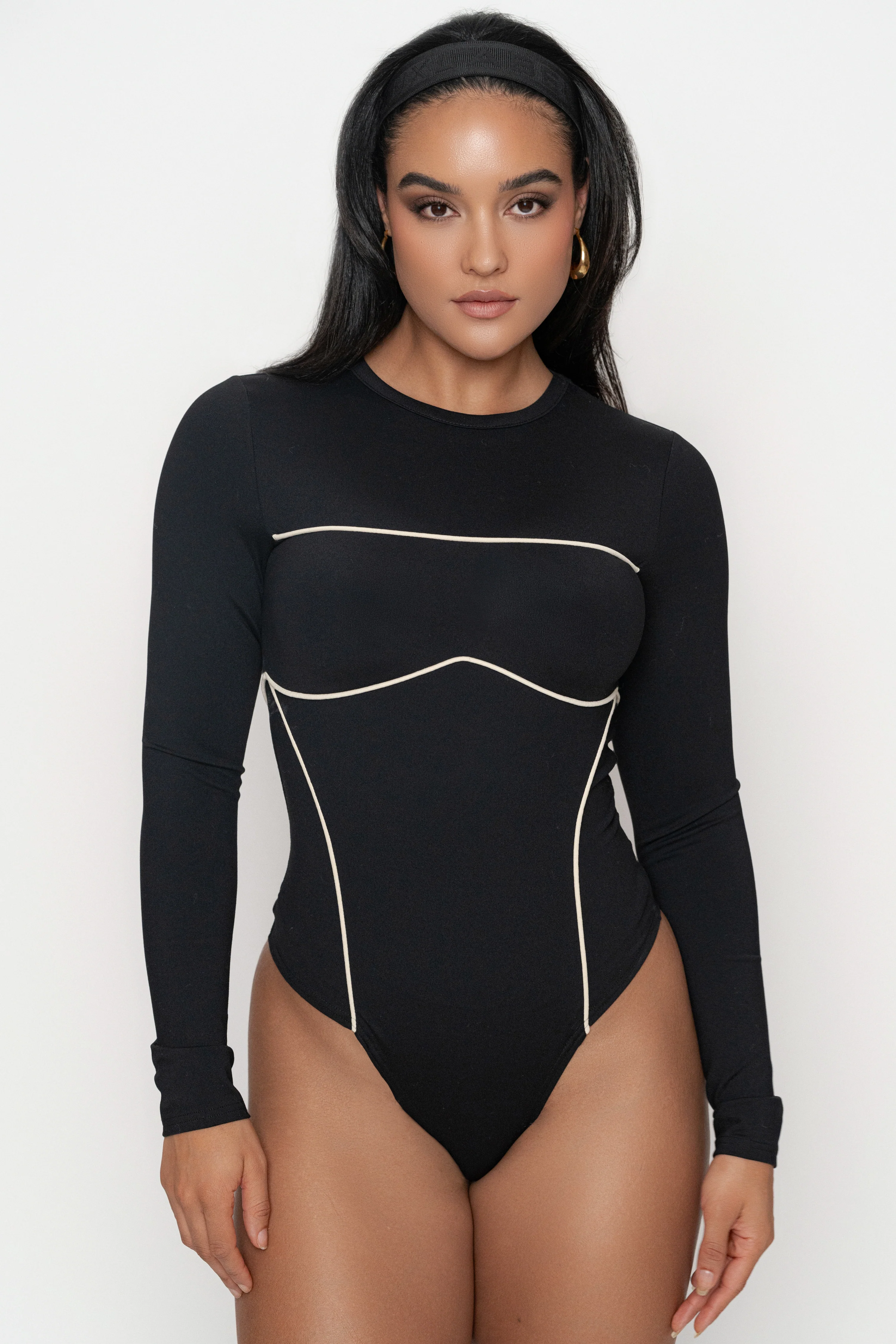 Black/Cream Pilar Piped Bodysuit - Image 4