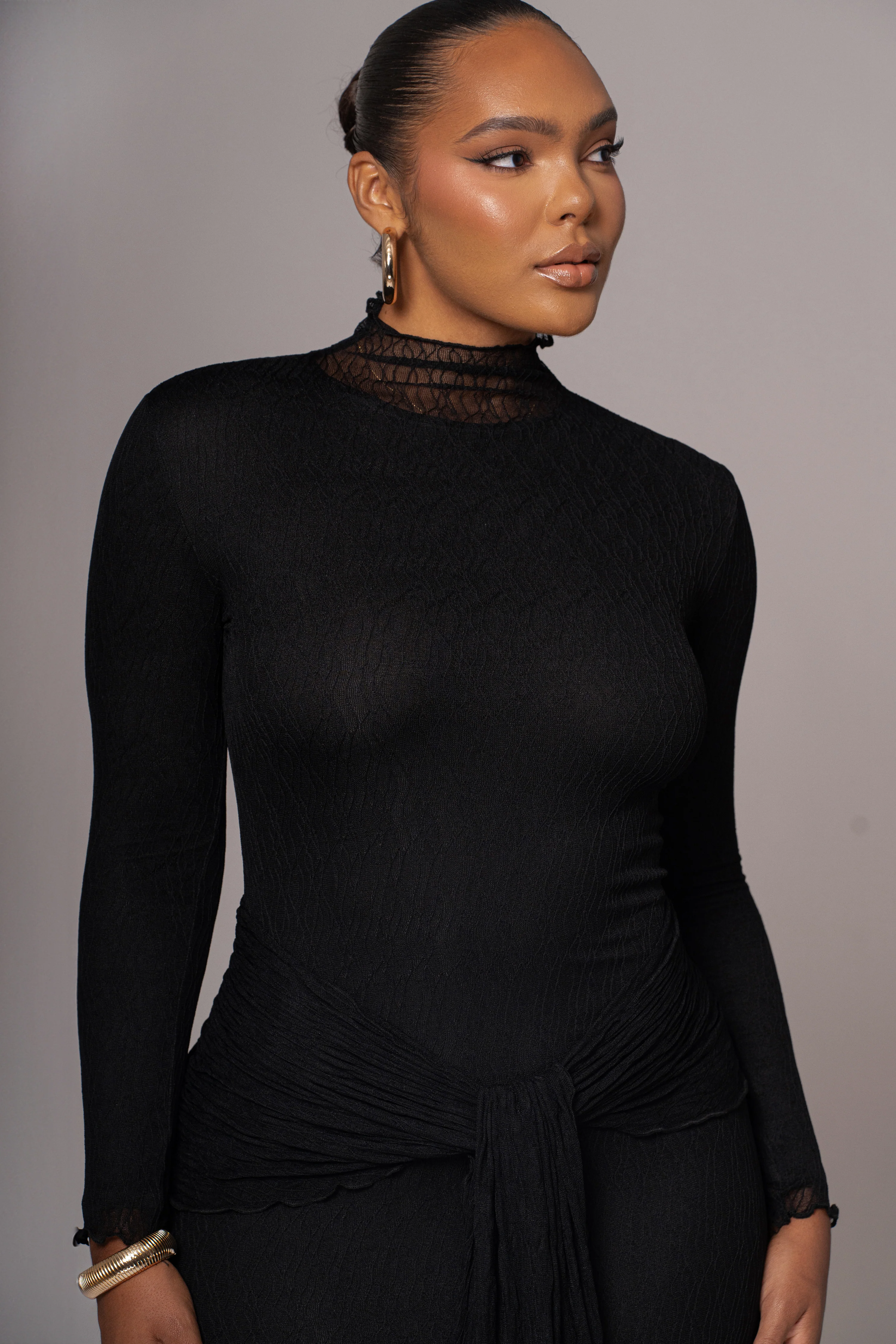 Black Drape Mock Neck Dress - Image 5