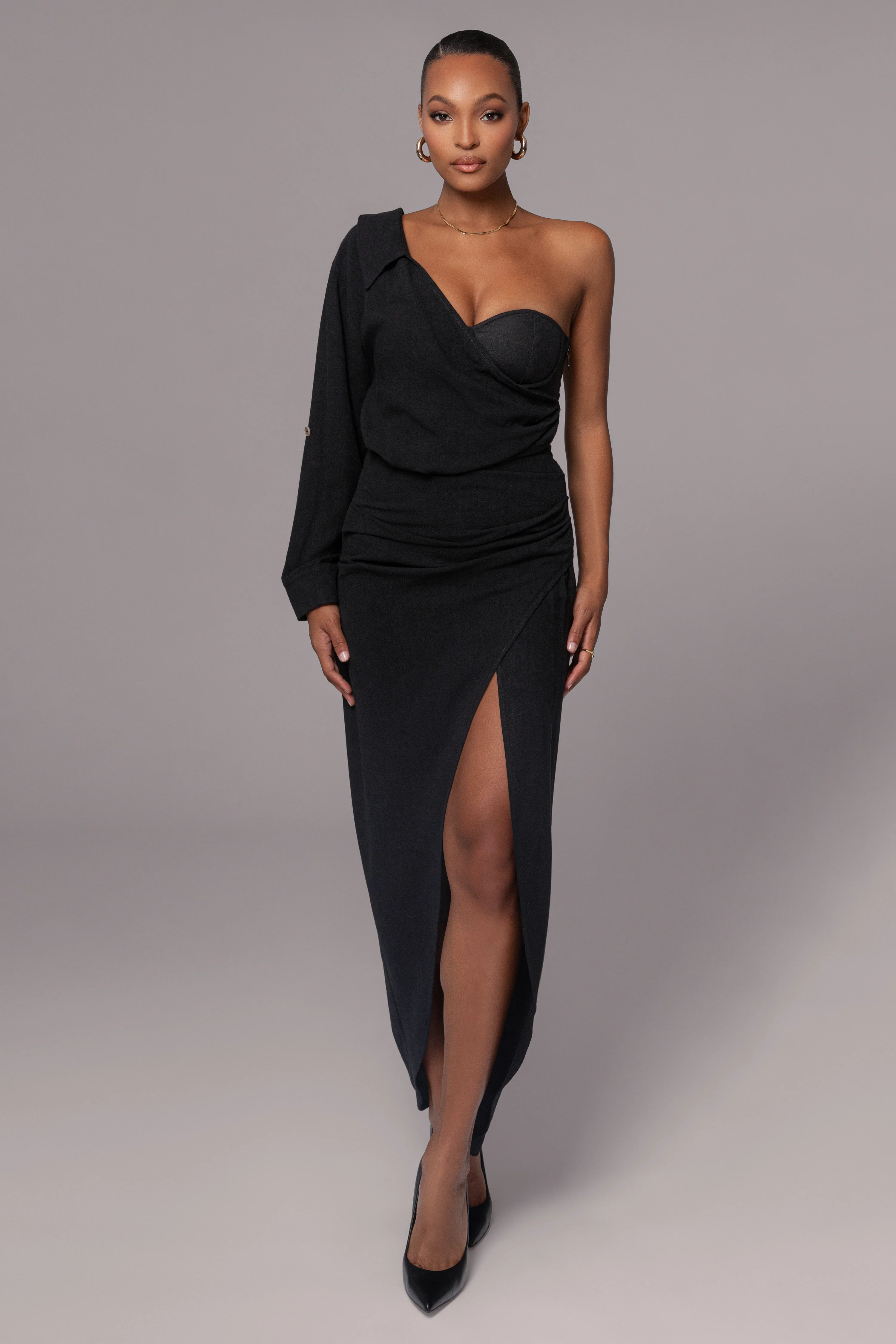 Black Evita Linen Draped Dress - Image 5