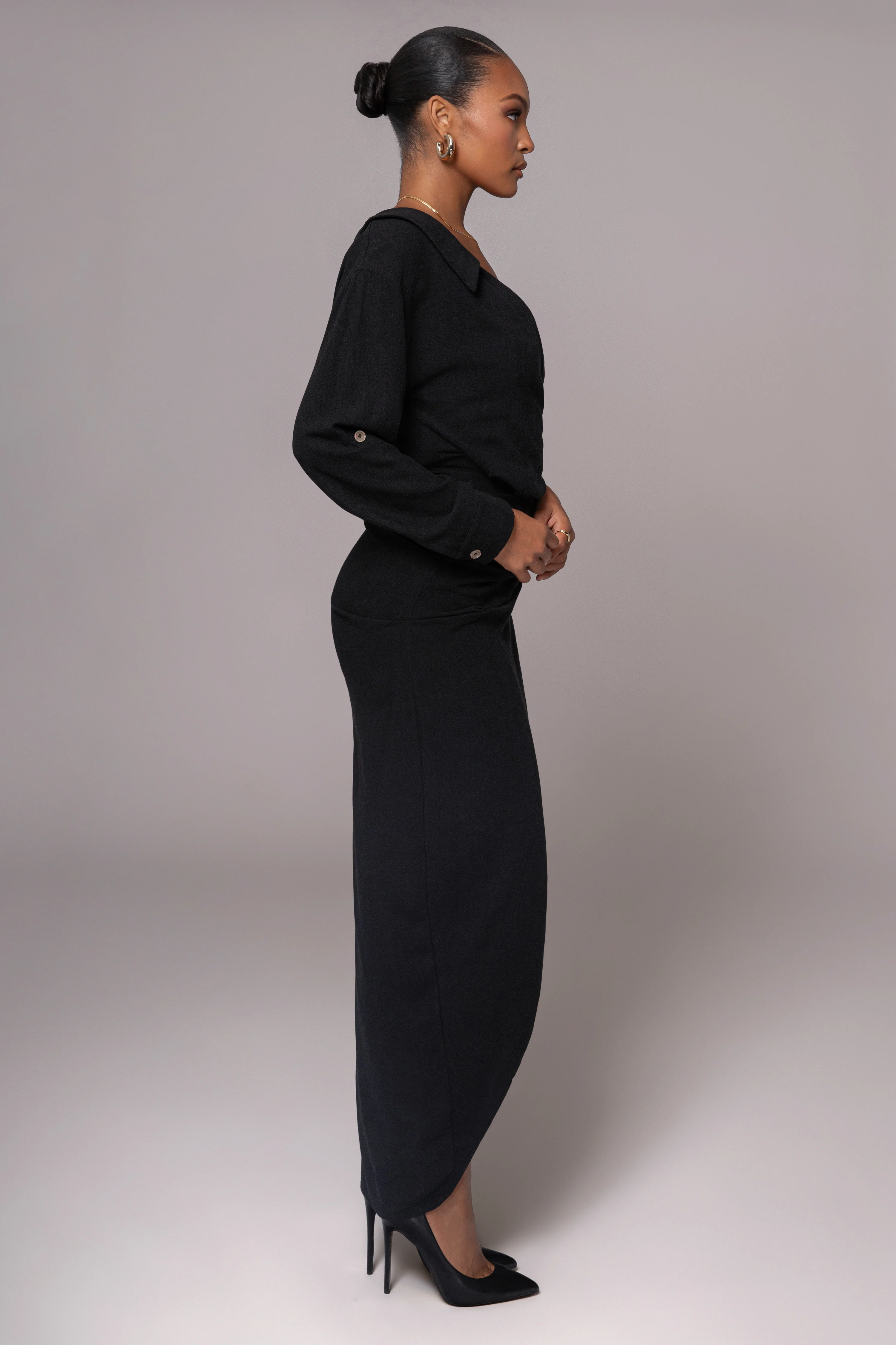 Black Evita Linen Draped Dress - Image 6