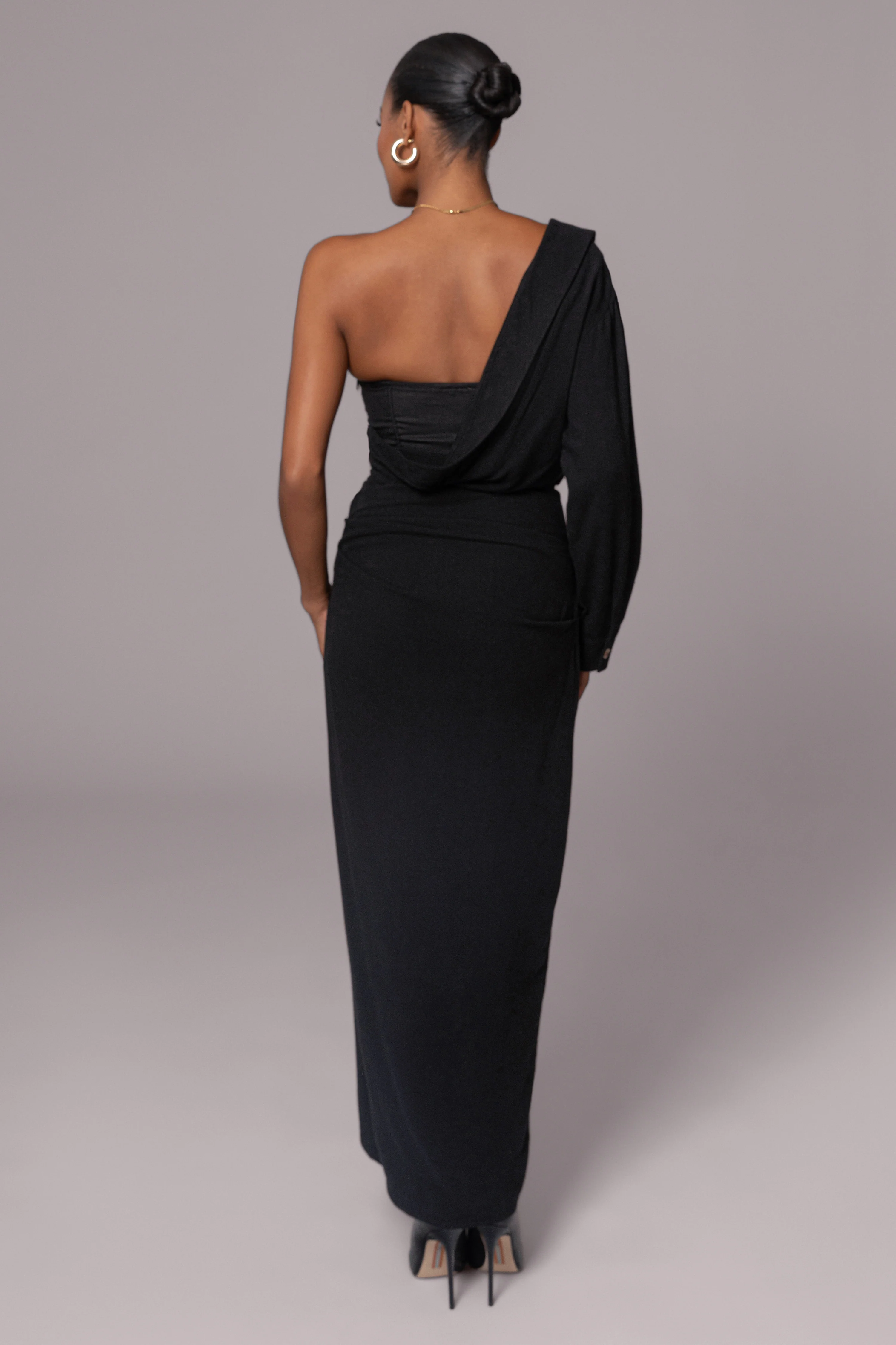 Black Evita Linen Draped Dress - Image 8