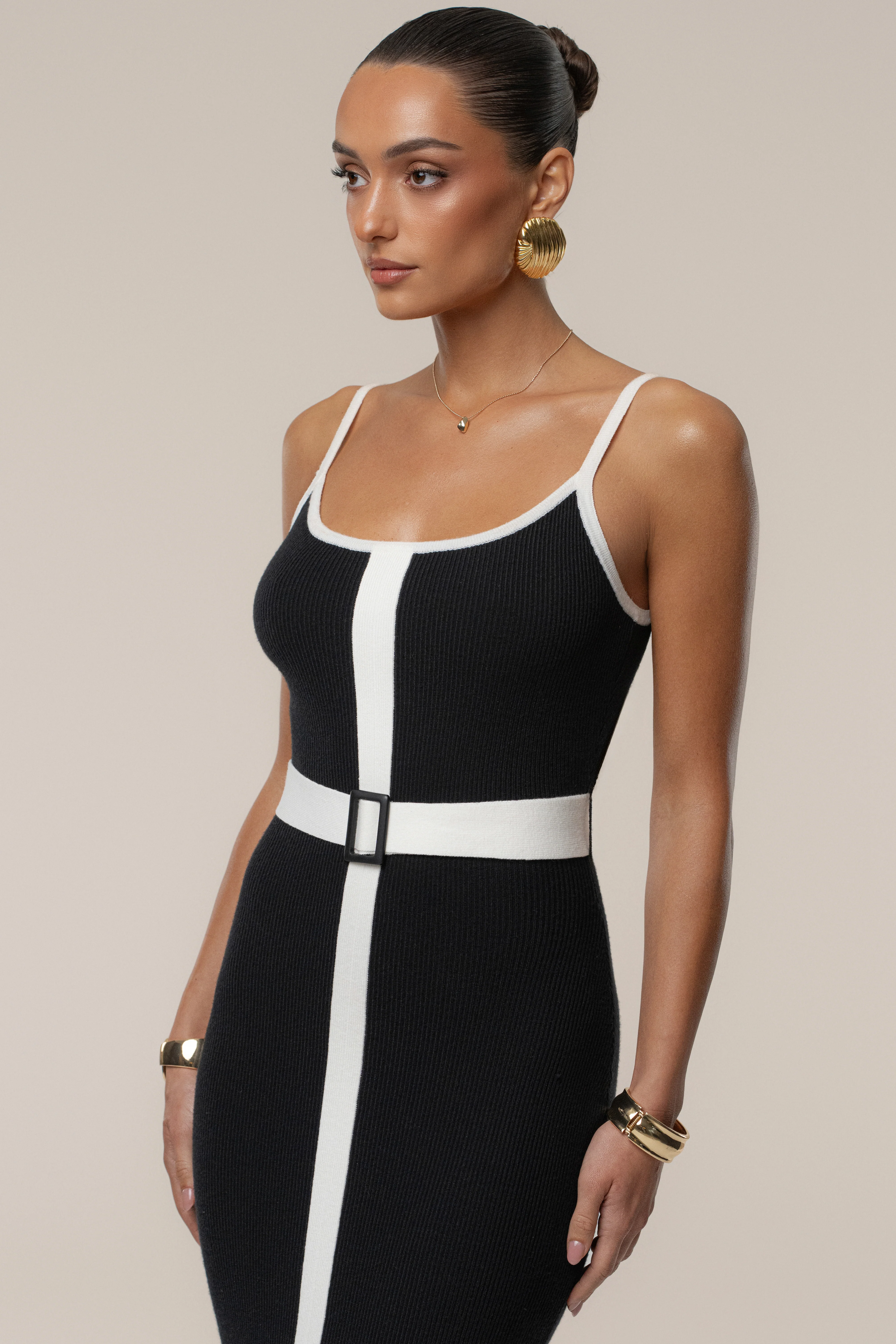 Black/Ivory Belted Cami Maxi Dress - Image 2