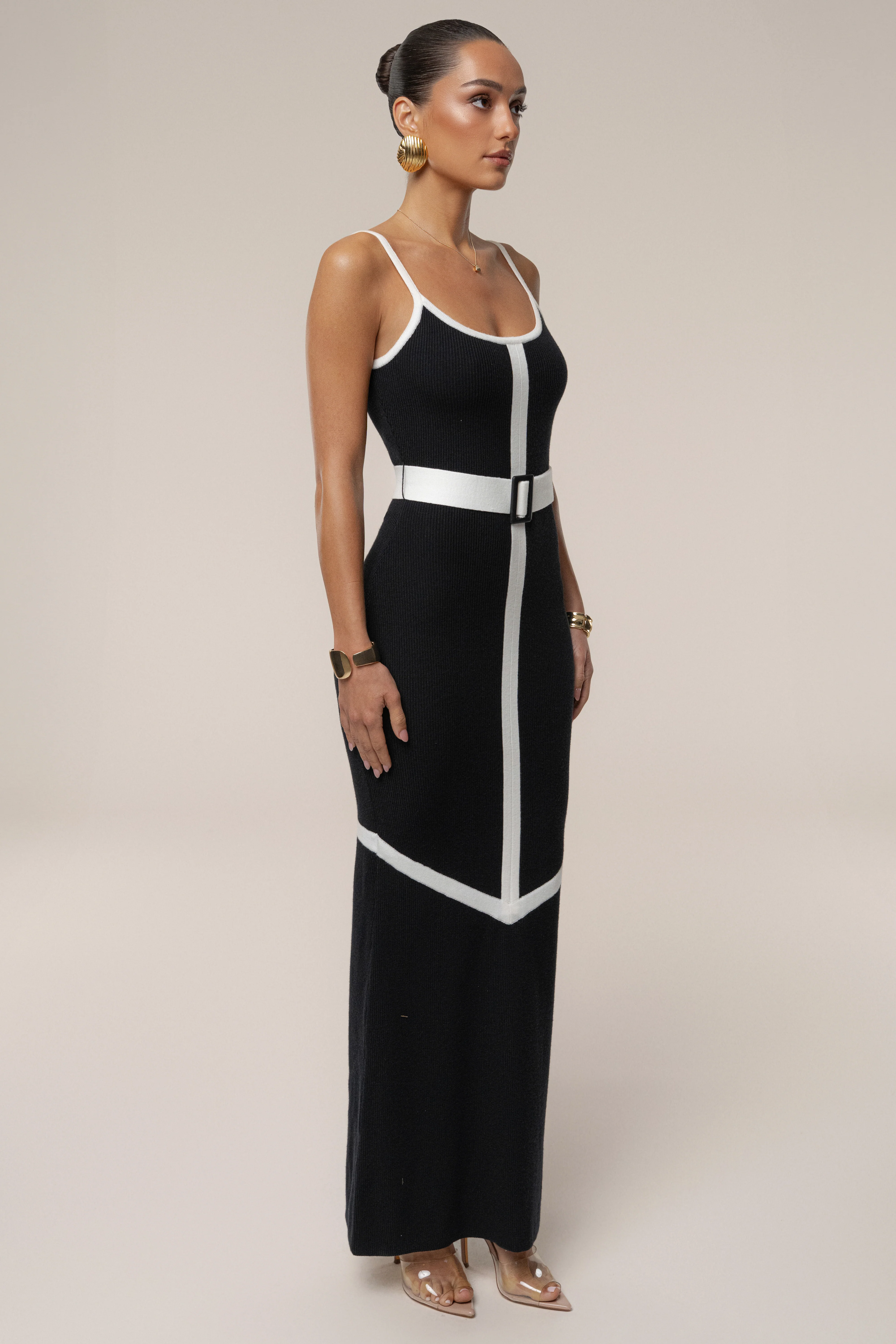 Black/Ivory Belted Cami Maxi Dress - Image 4