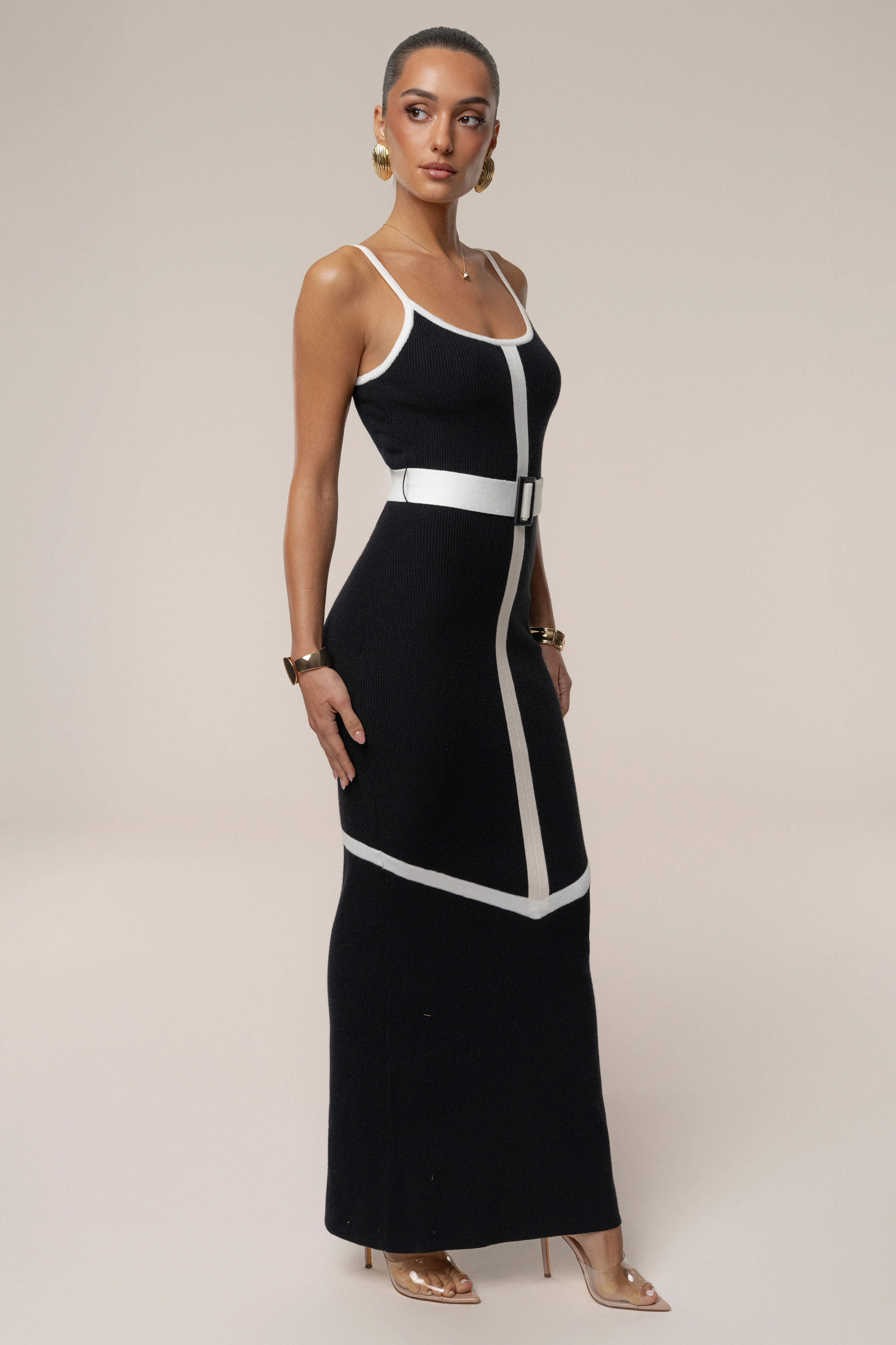 Black/Ivory Belted Cami Maxi Dress - Image 5