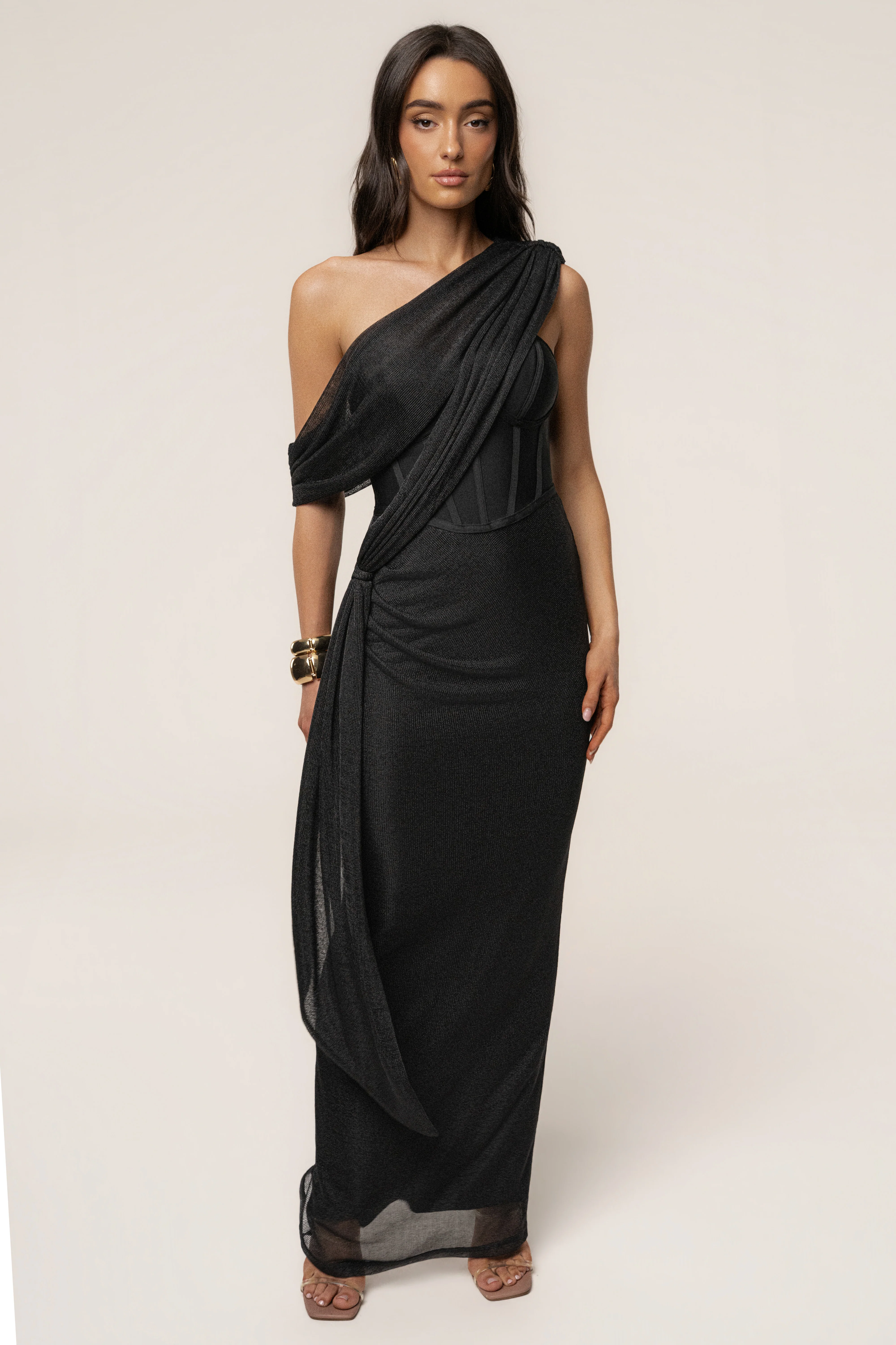 Black Metallic Celestina Draped Maxi Dress - Image 5