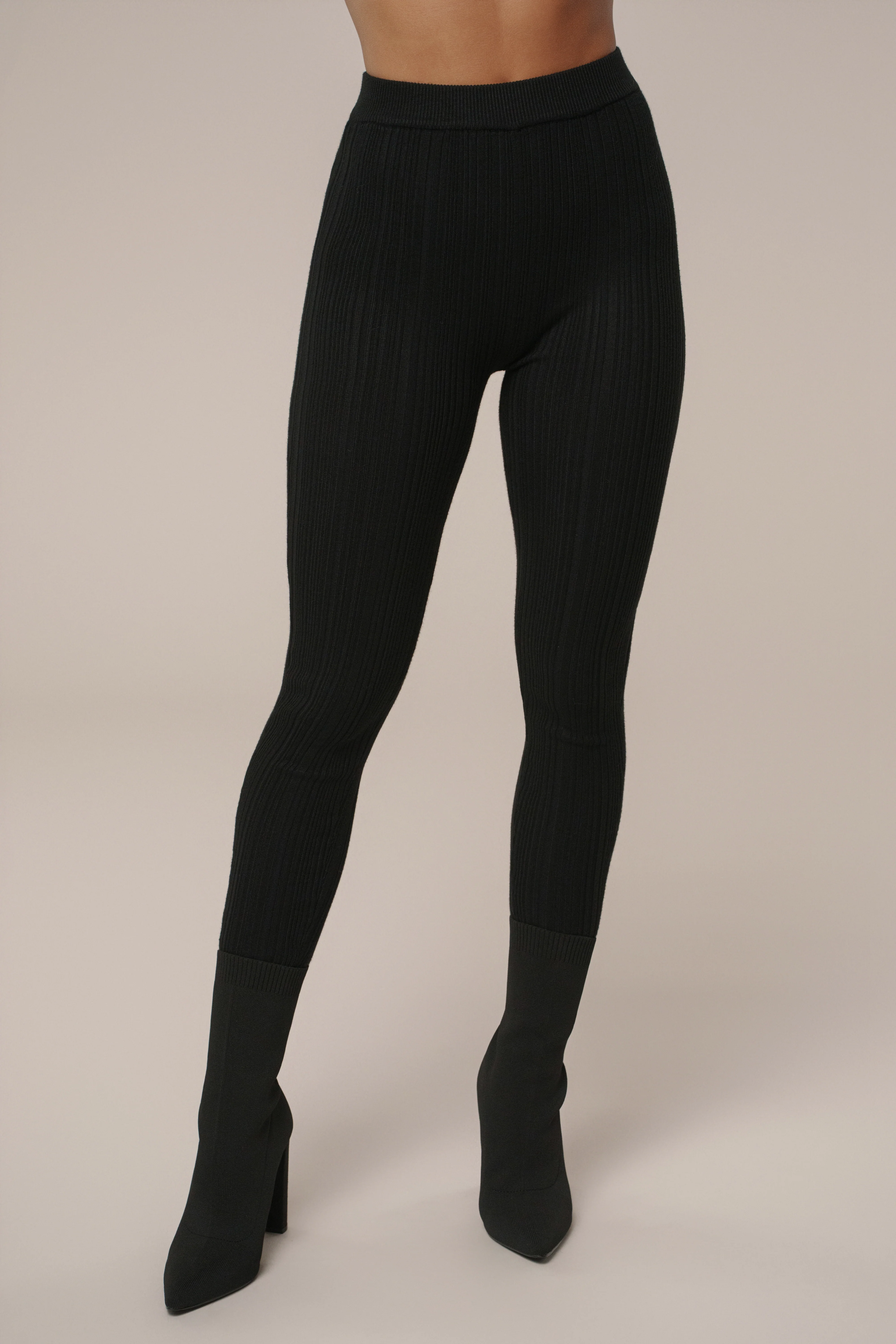 Black Ribbed High Waist Leggings - Image 2