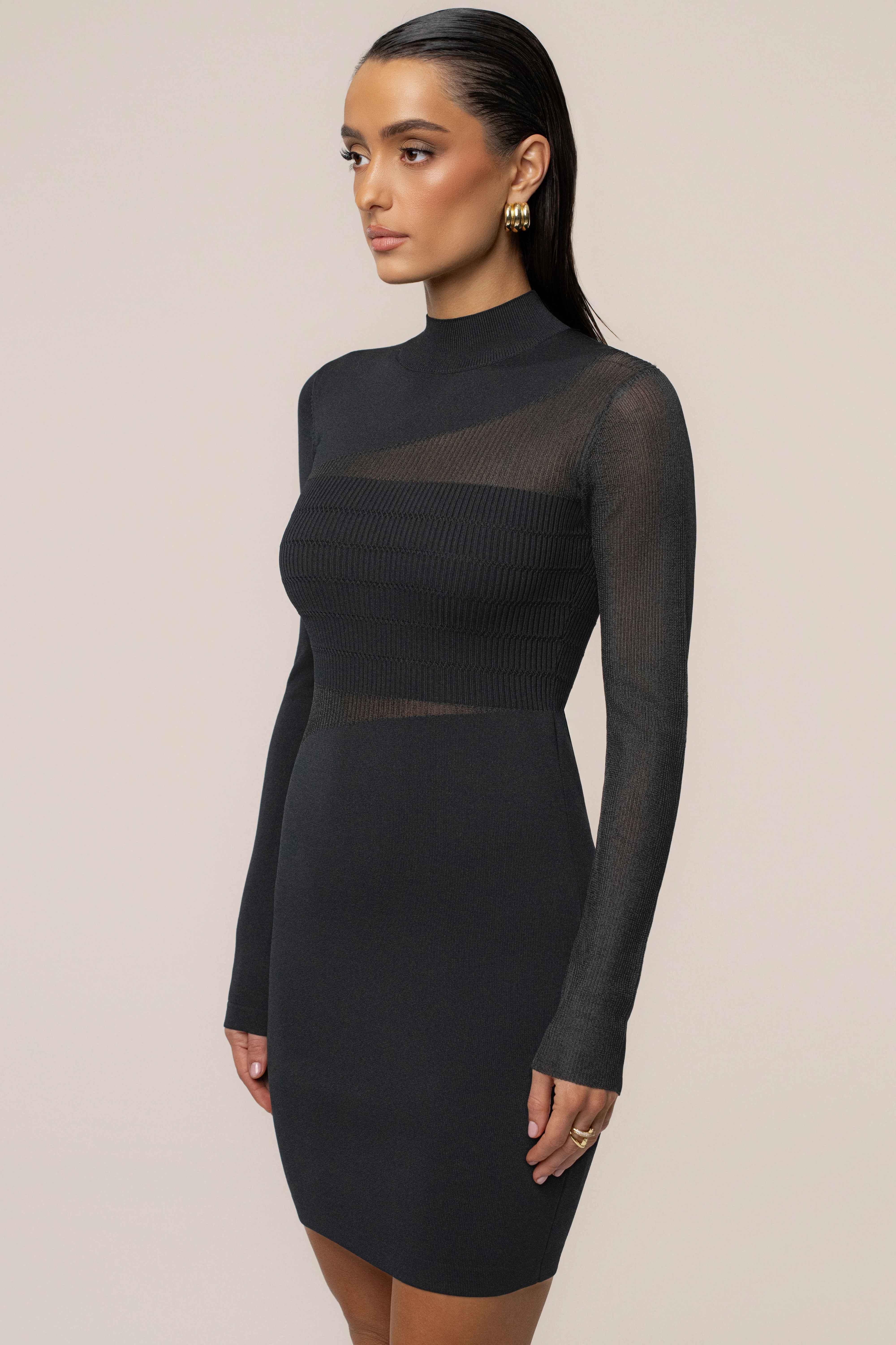 Black Sheer Knit Mock Neck Dress - Image 10