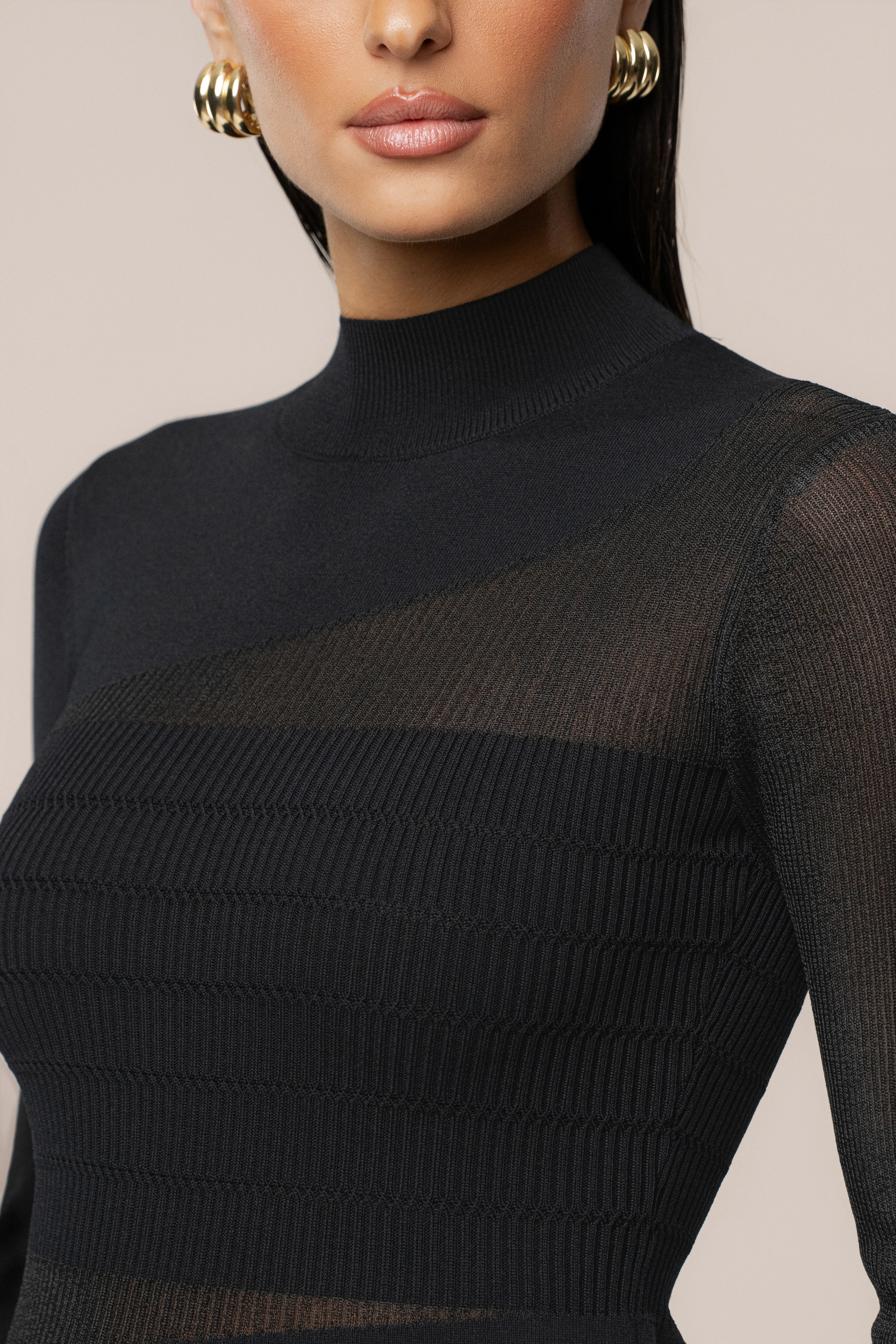 Black Sheer Knit Mock Neck Dress - Image 6