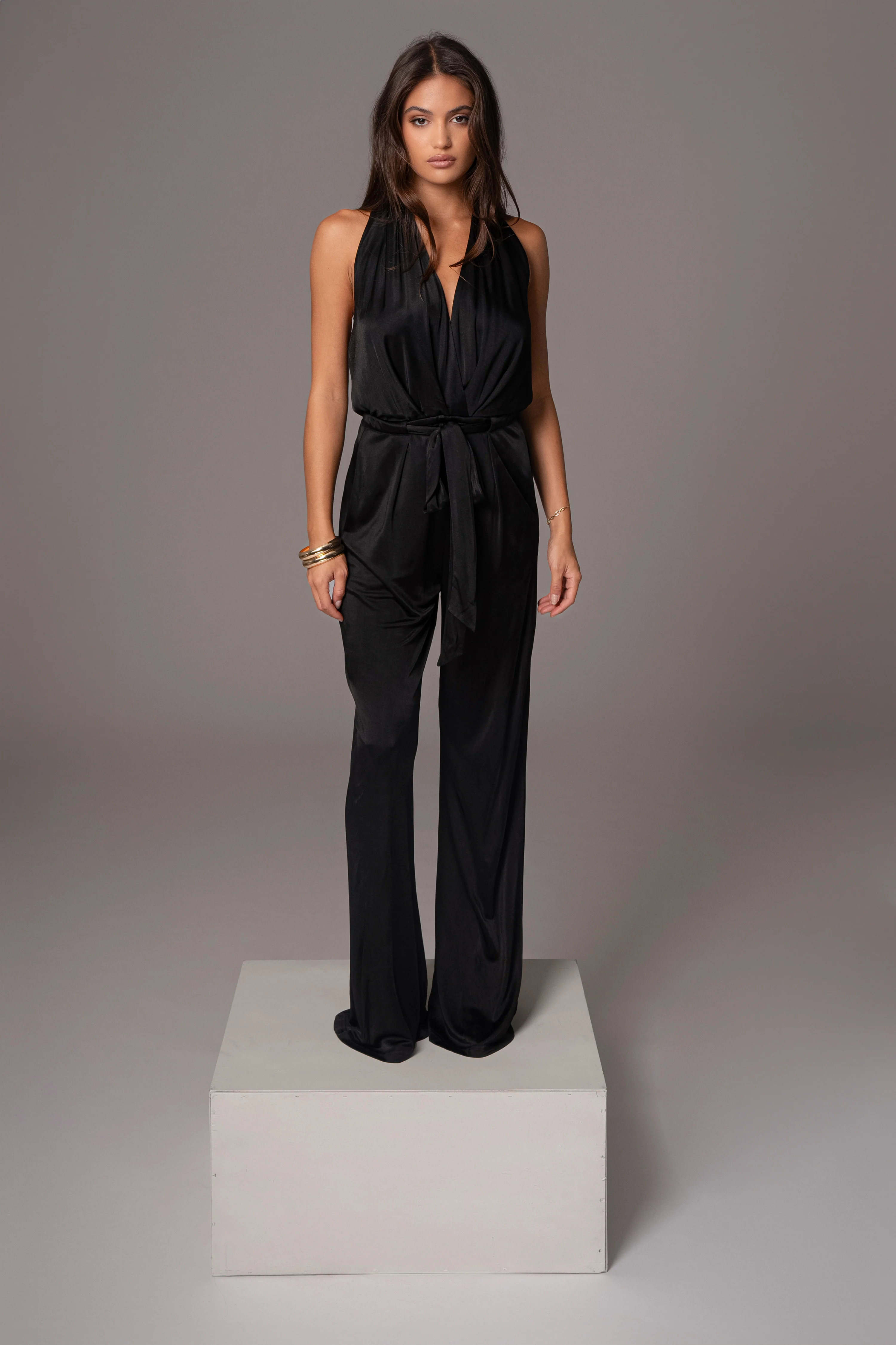 Black Slinky Halter Belted Jumpsuit - Image 3