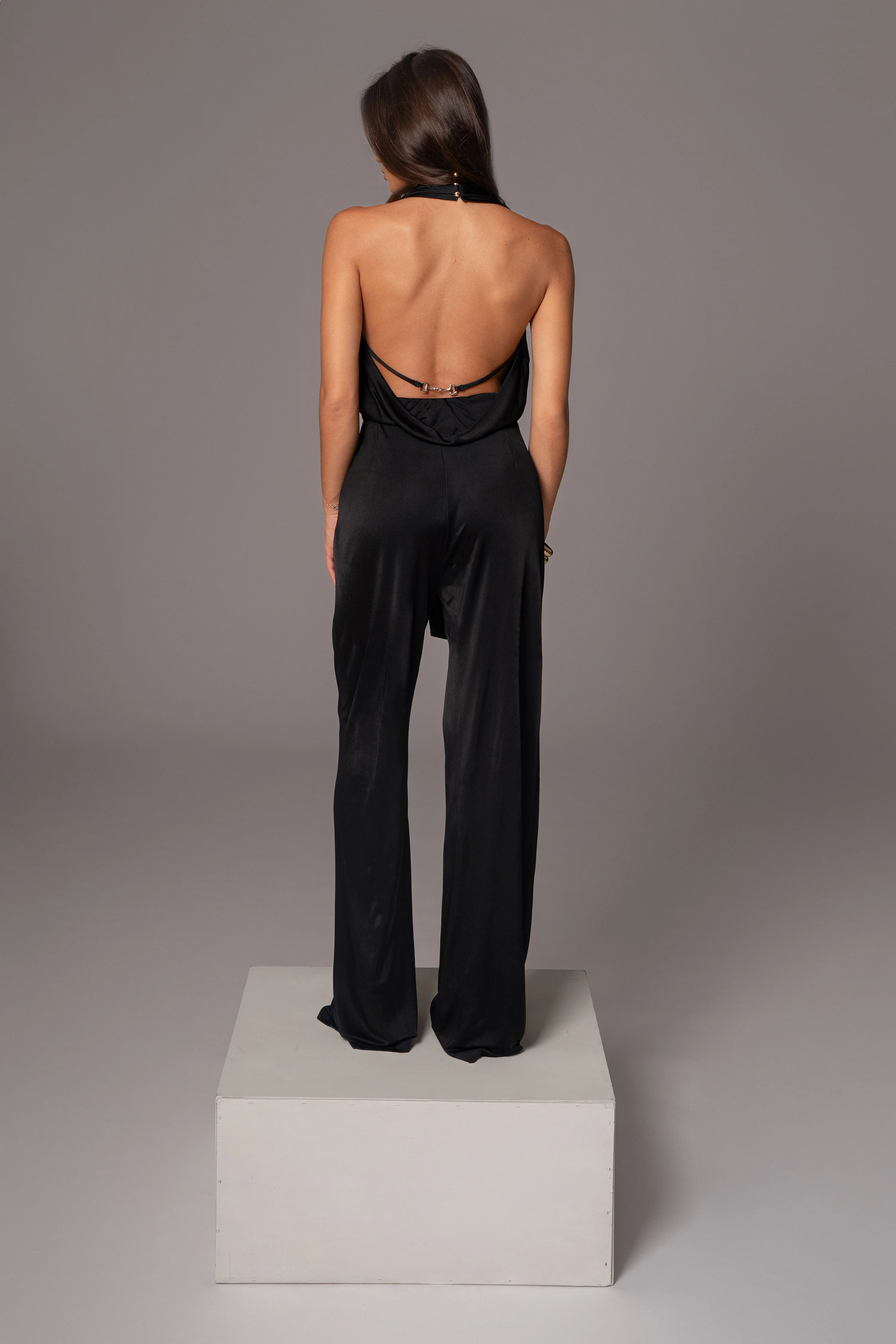 Black Slinky Halter Belted Jumpsuit - Image 4
