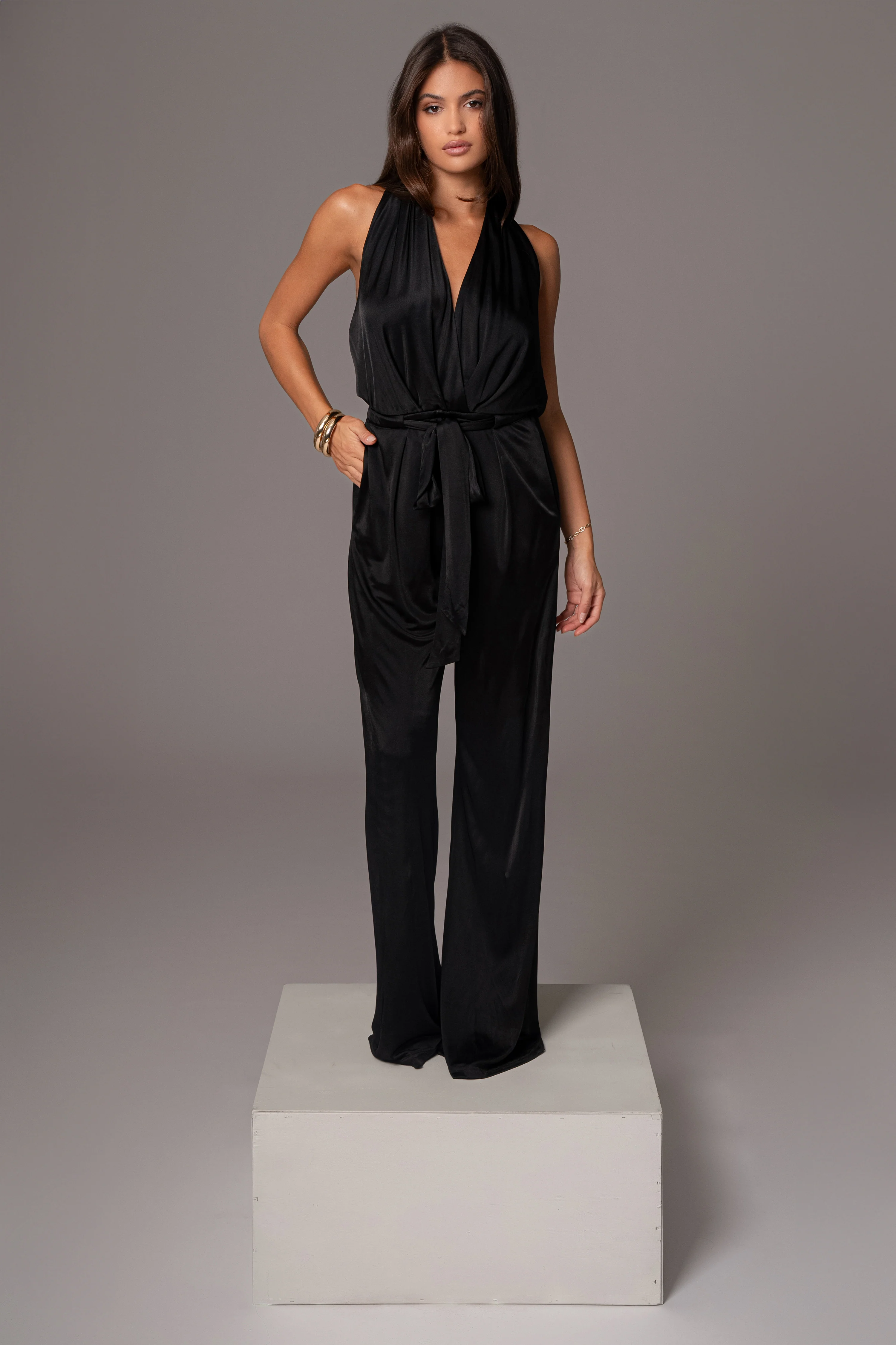 Black Slinky Halter Belted Jumpsuit - Image 5