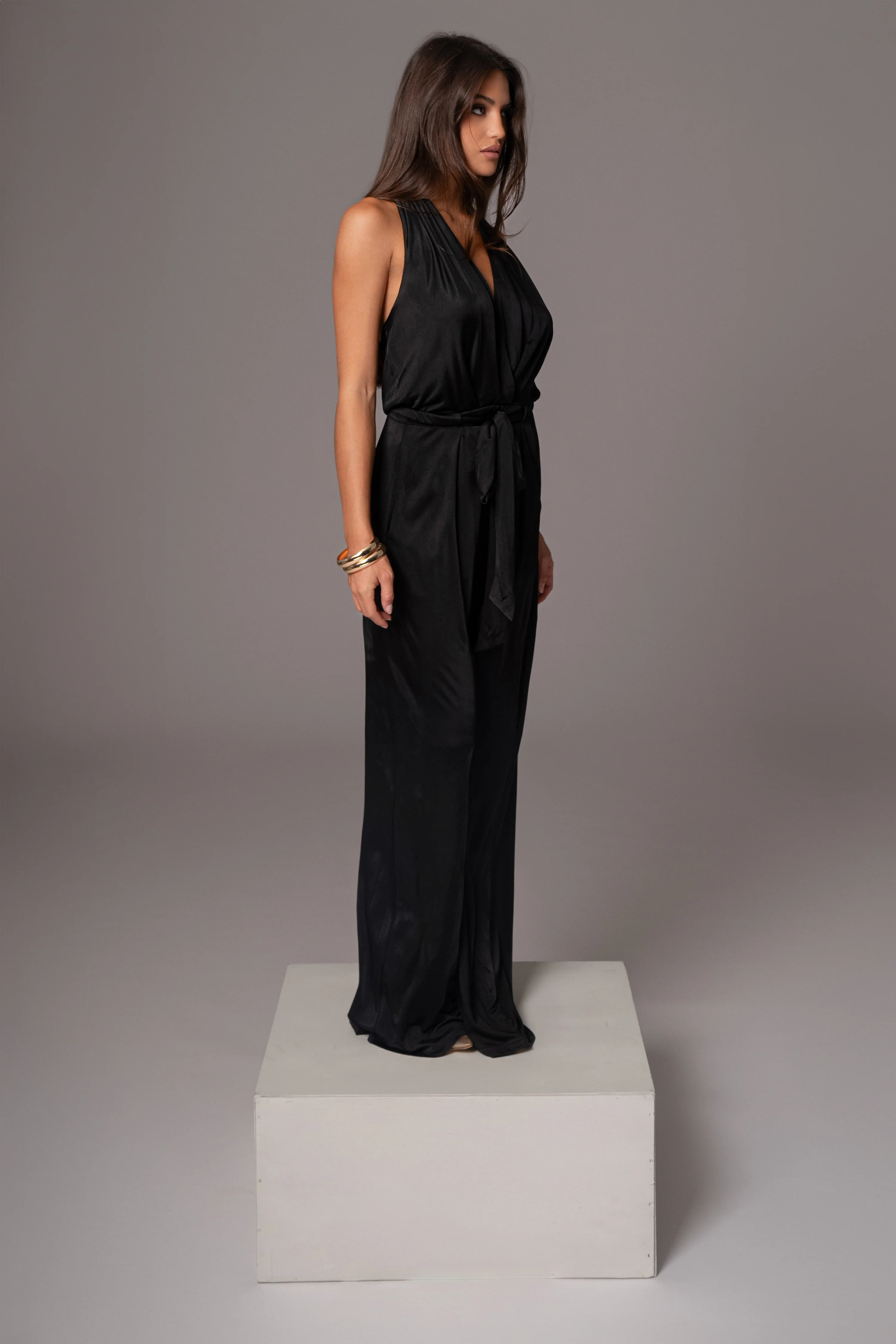 Black Slinky Halter Belted Jumpsuit - Image 9