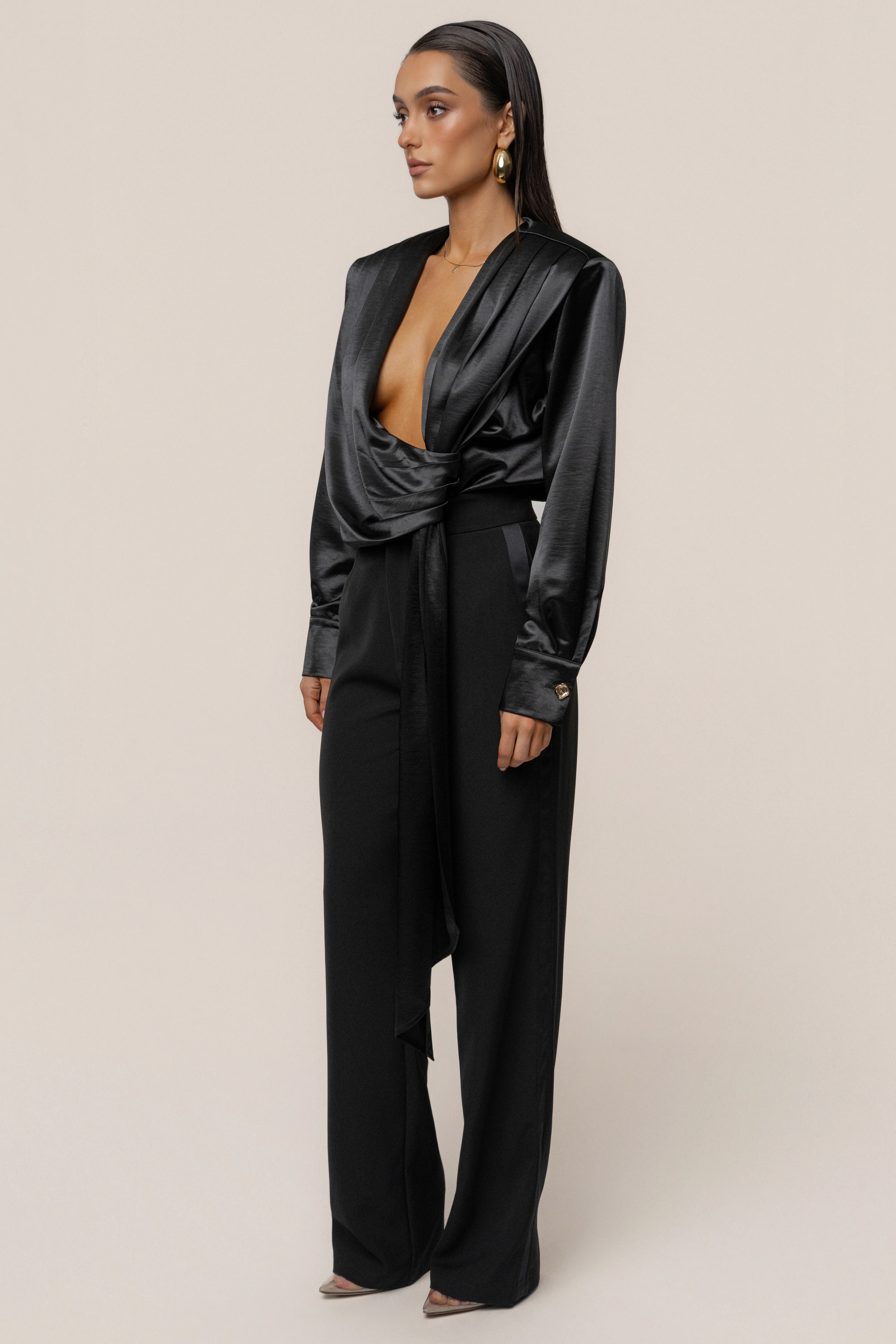 Black Statement Draped Satin Top - Image 10