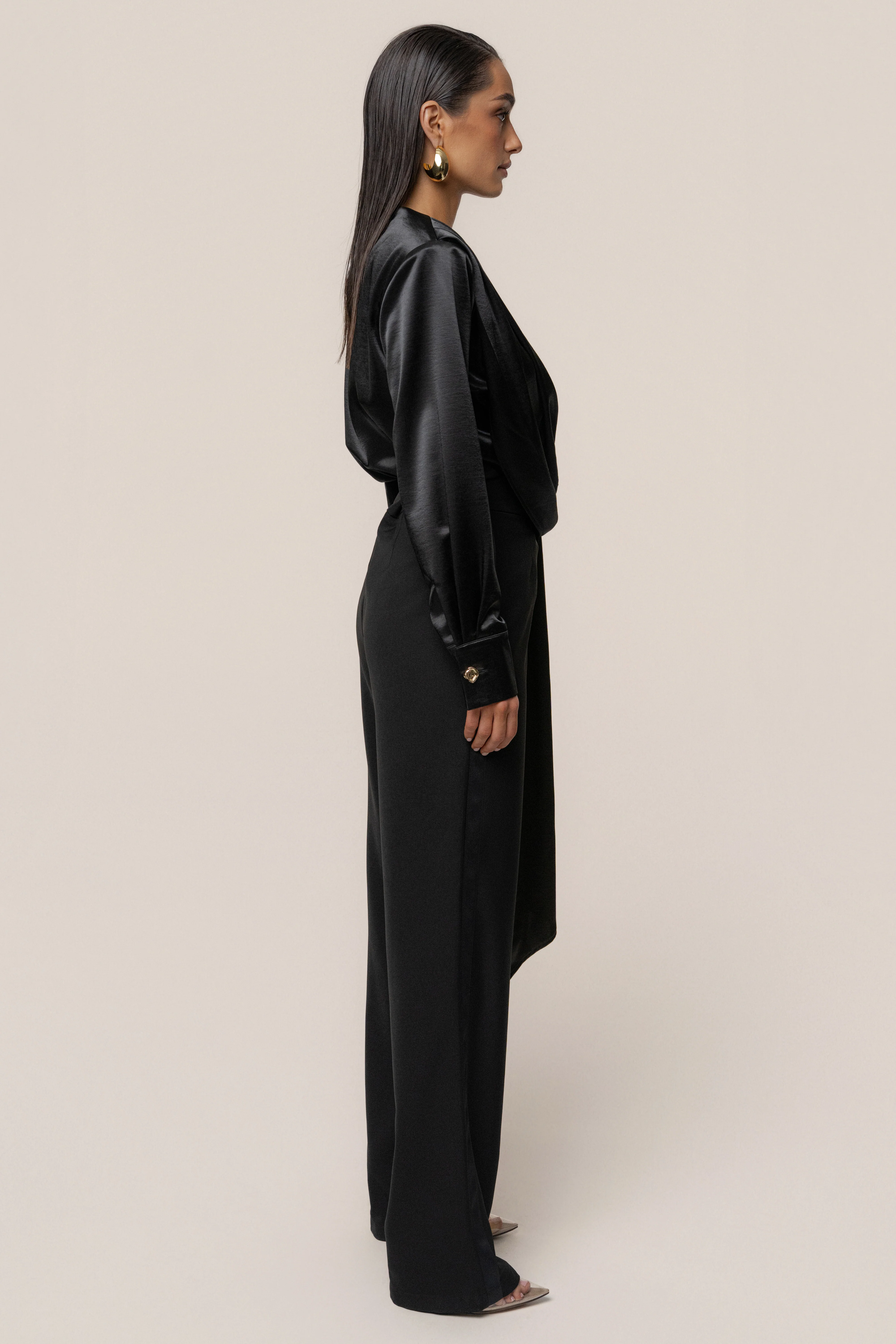 Black Statement Draped Satin Top - Image 11