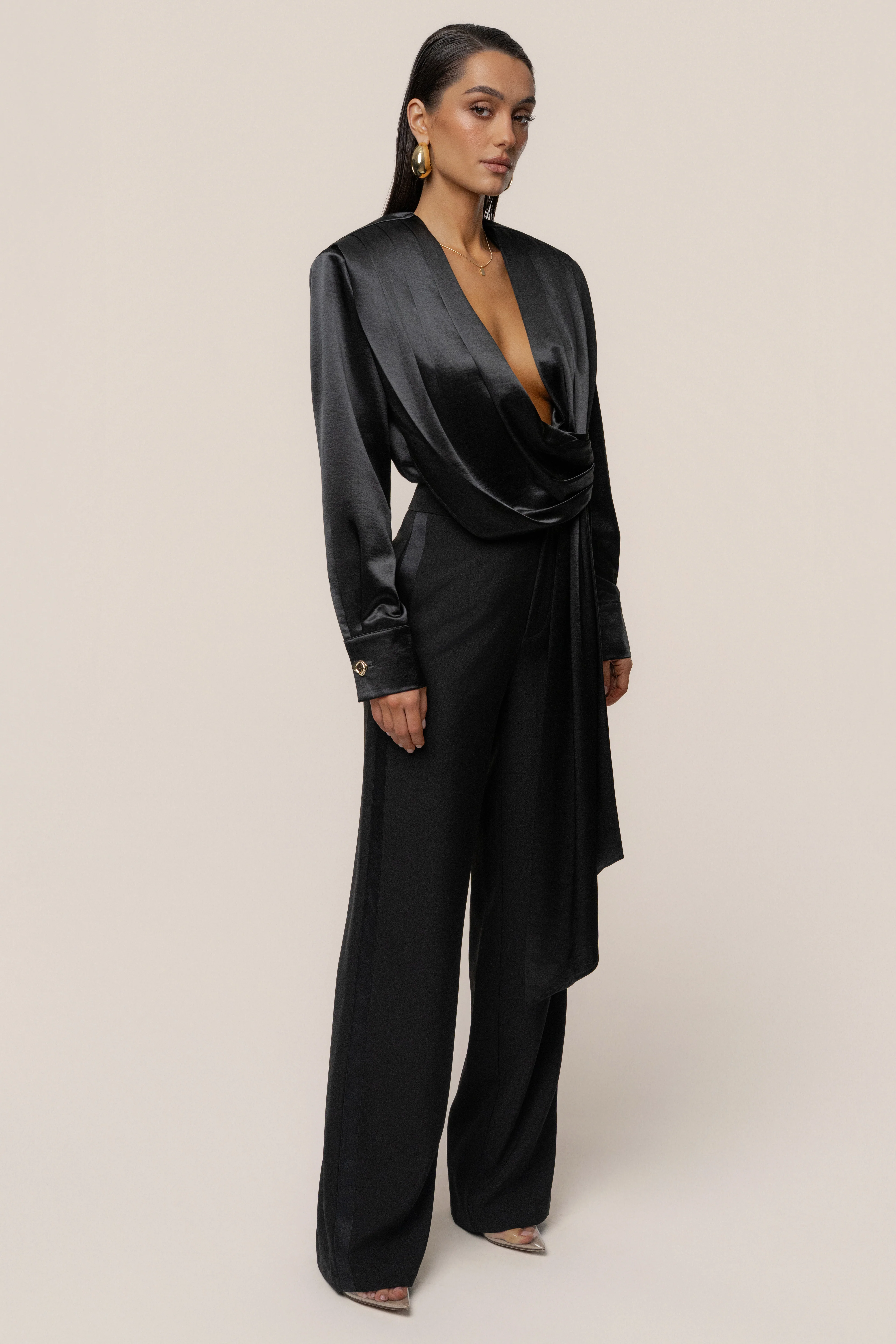 Black Statement Draped Satin Top - Image 6