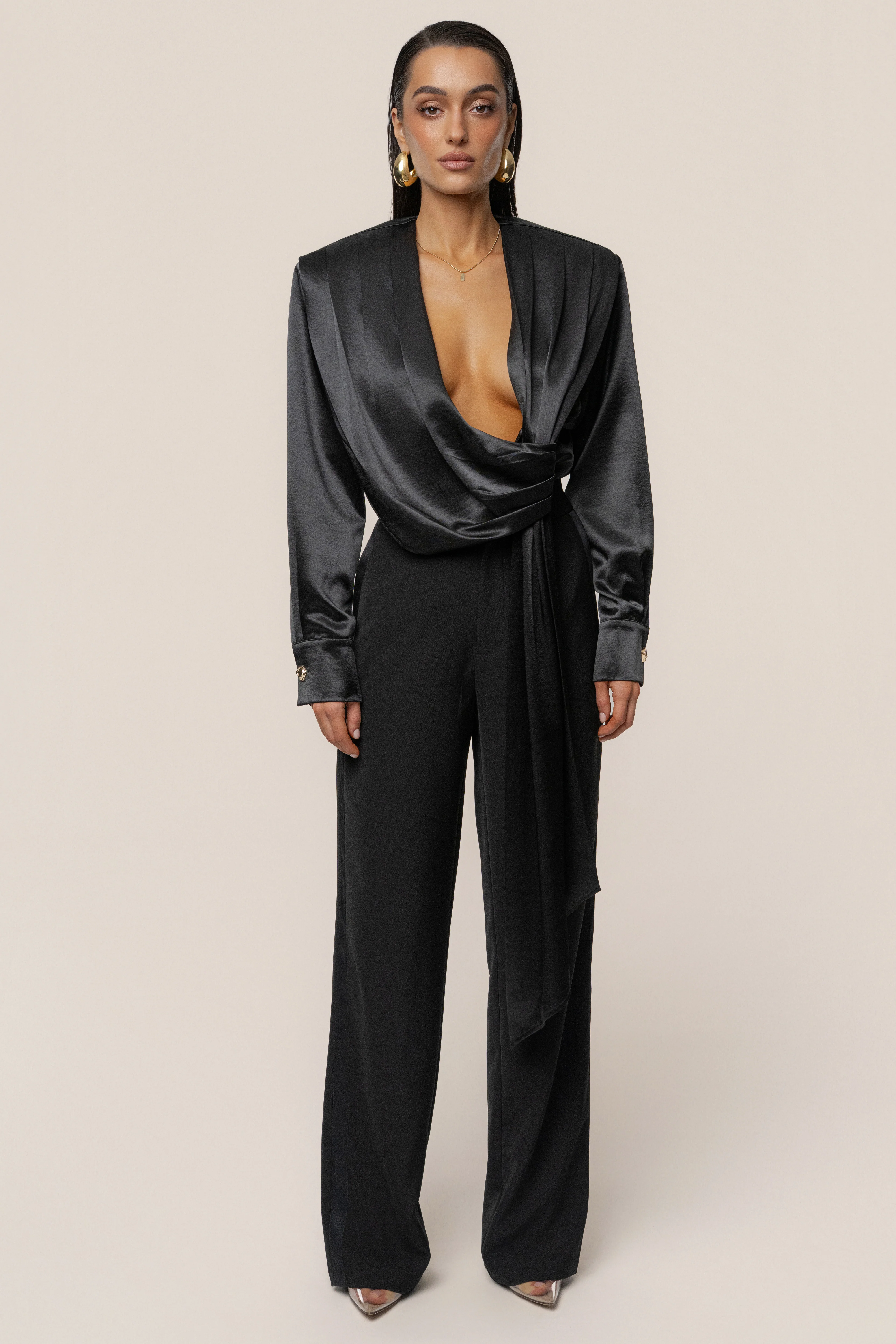 Black Statement Draped Satin Top - Image 7