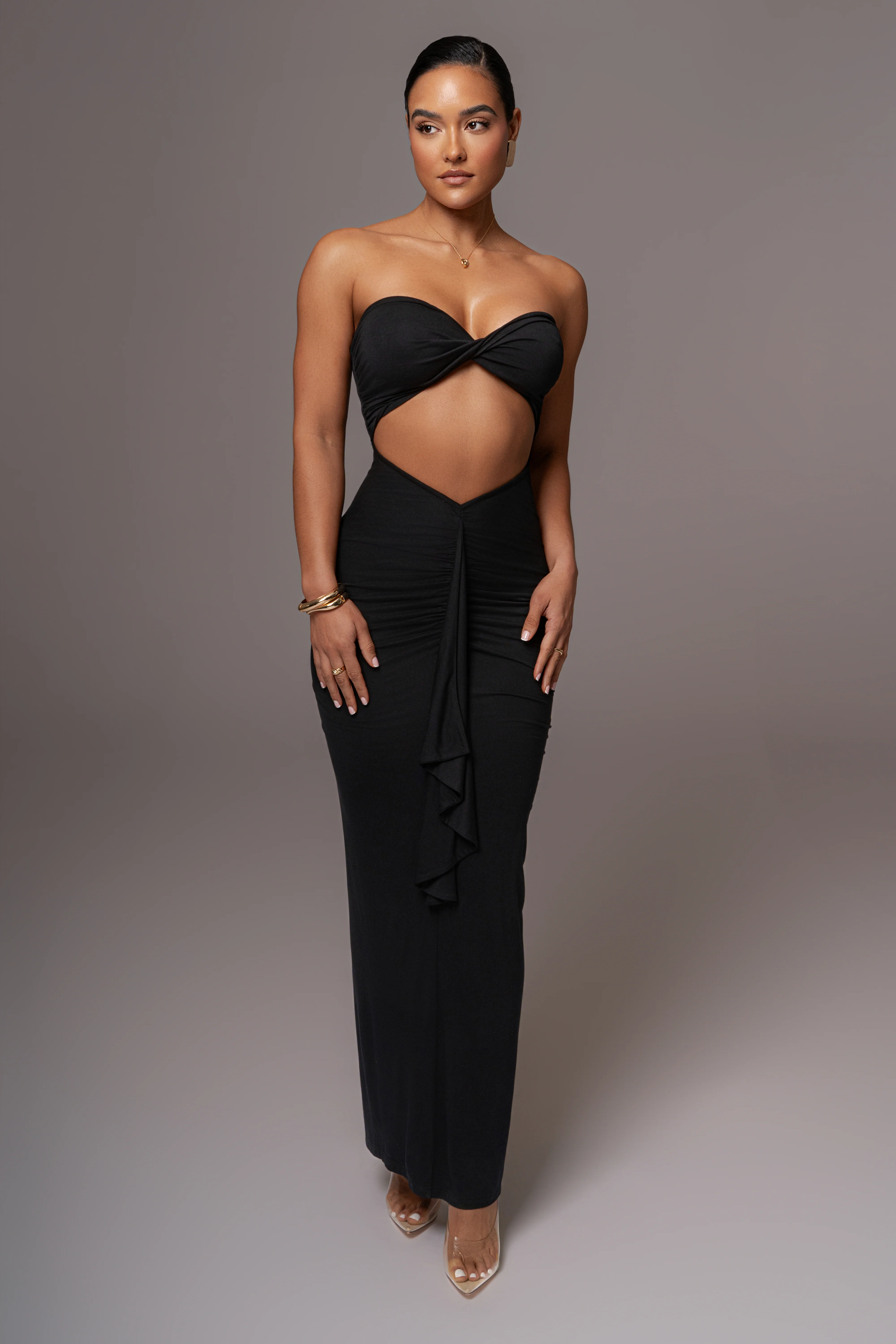 Black Strapless Drape Maxi Dress - Image 3