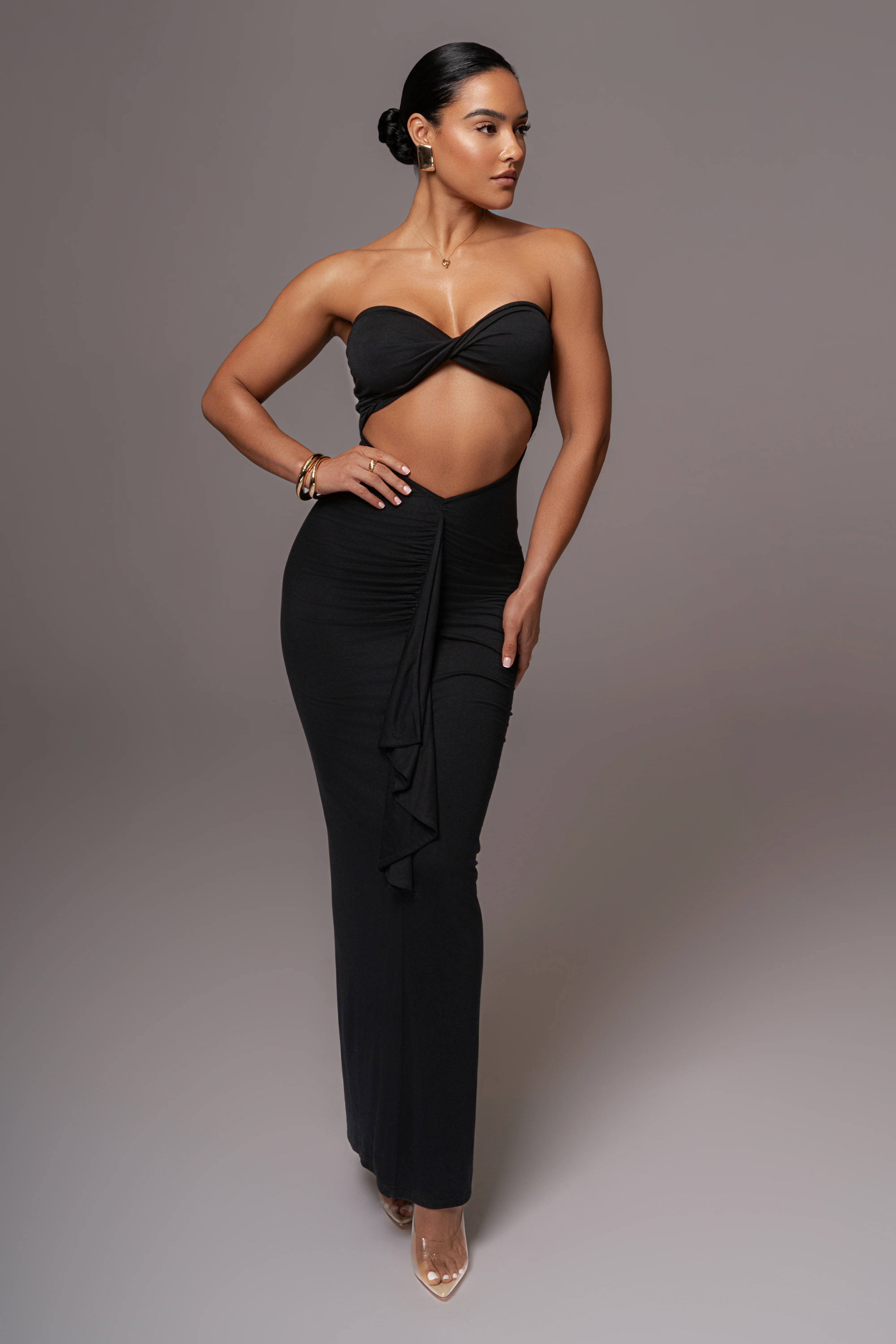 Black Strapless Drape Maxi Dress - Image 5