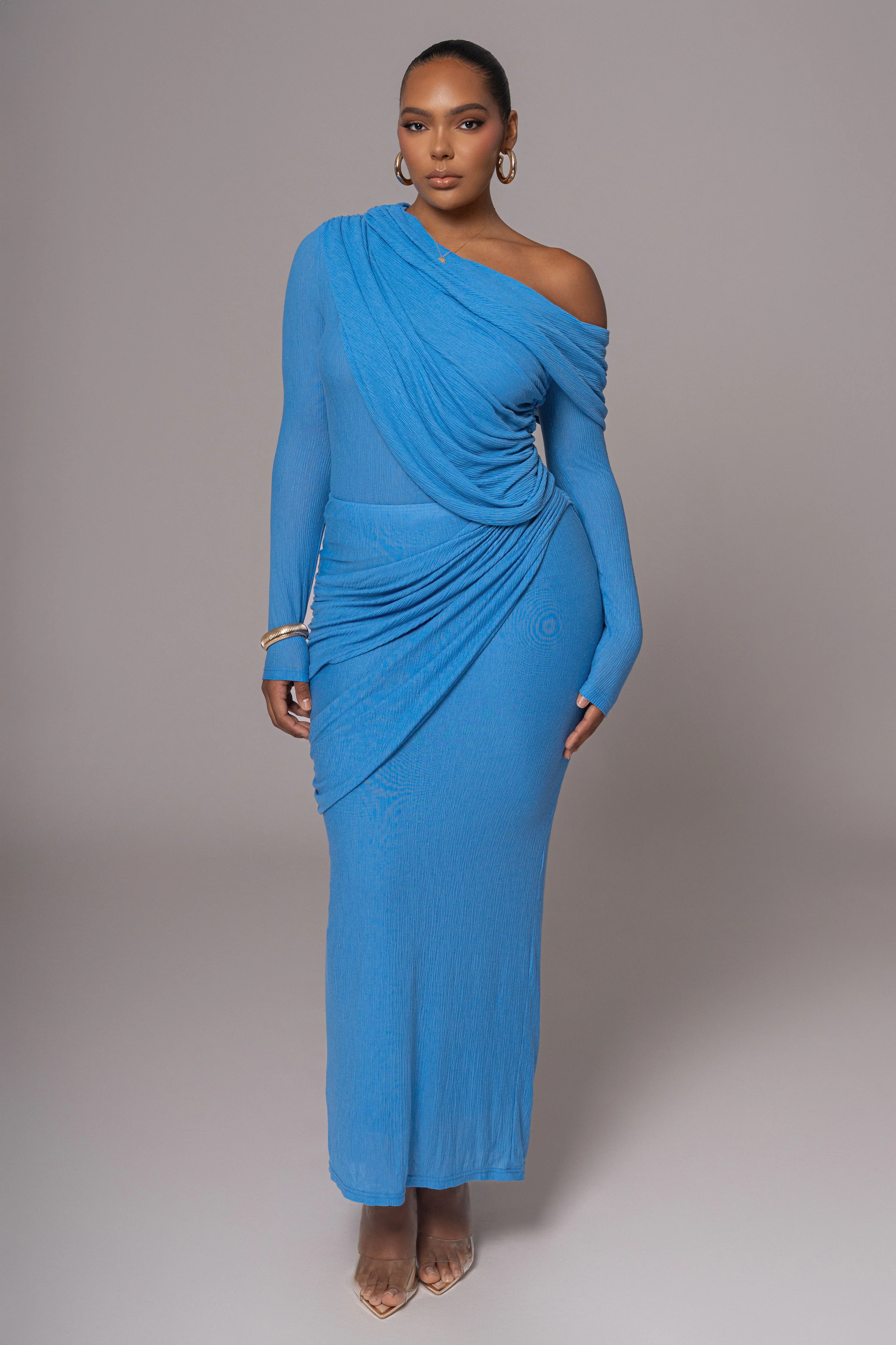 Blue Textured One Shoulder Bodysuit - Image 2