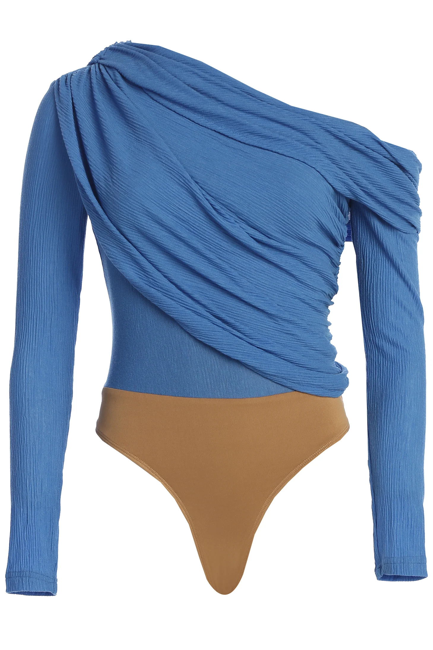 Blue Textured One Shoulder Bodysuit - Image 3